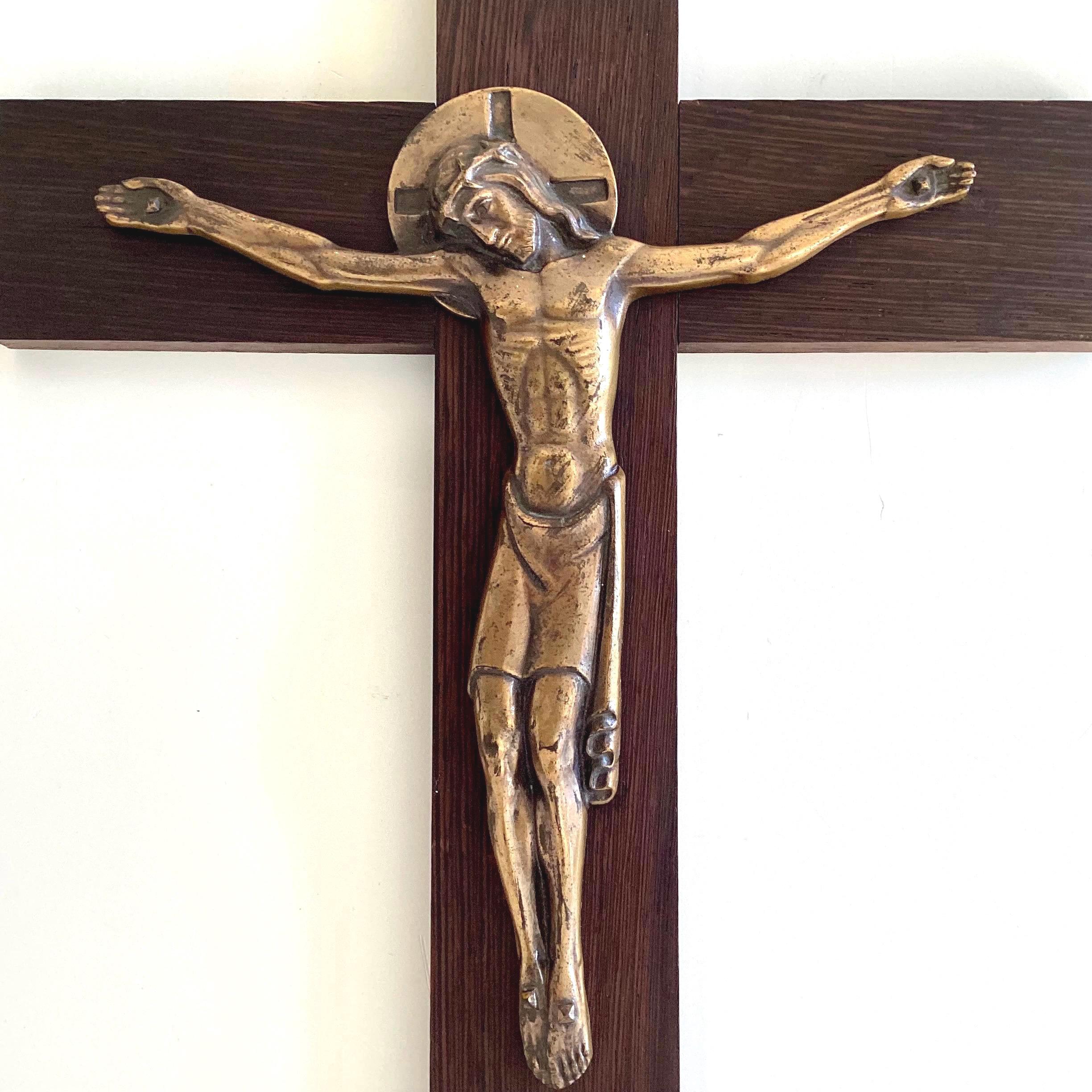 Vintage Crucifix | F. Jaques et Frères 1930s Art Deco, Bronze Christ on Pateraki Wood — photo 4 of 11