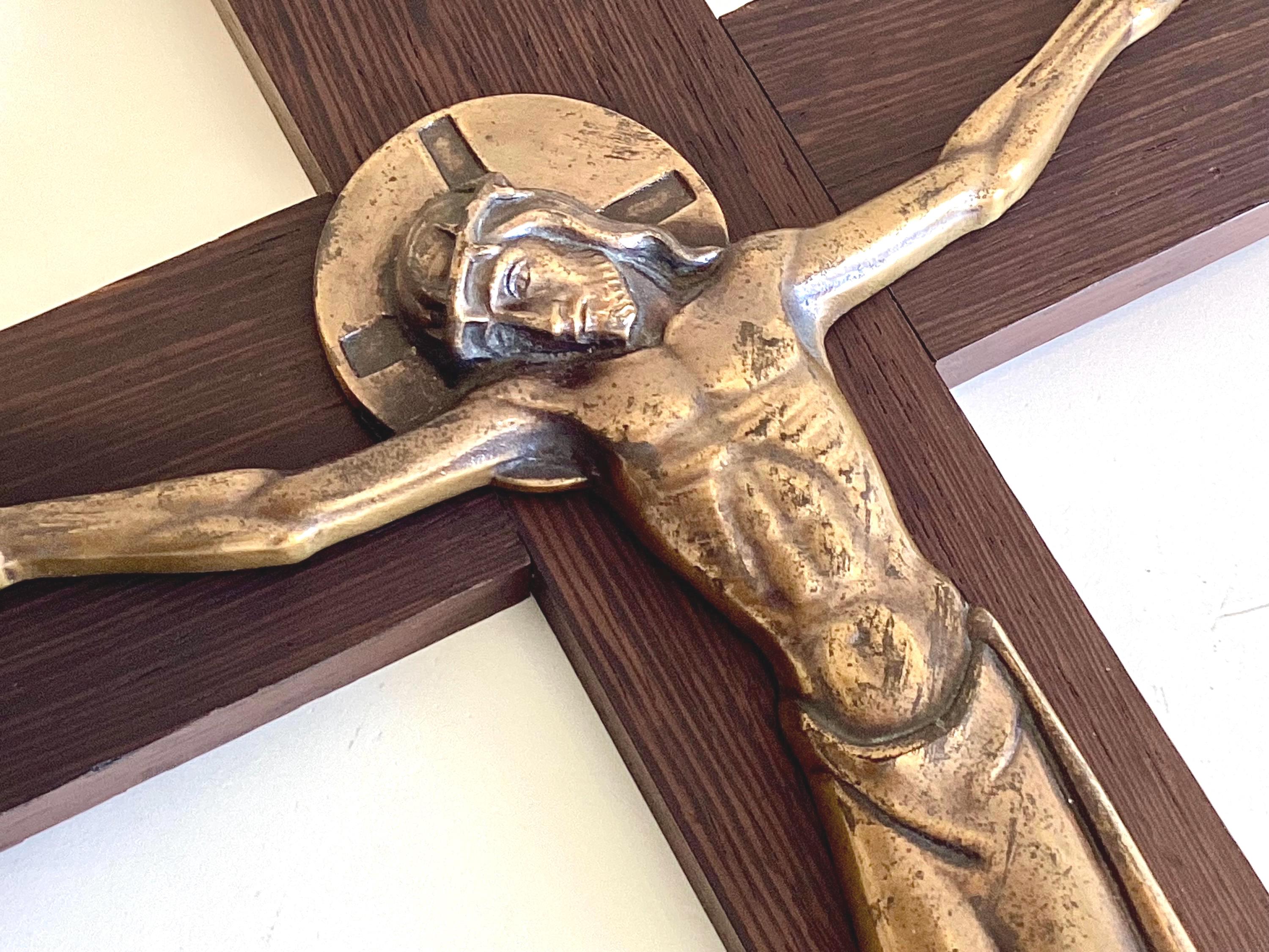 Vintage Crucifix | F. Jaques et Frères 1930s Art Deco, Bronze Christ on Pateraki Wood — photo 6 of 11