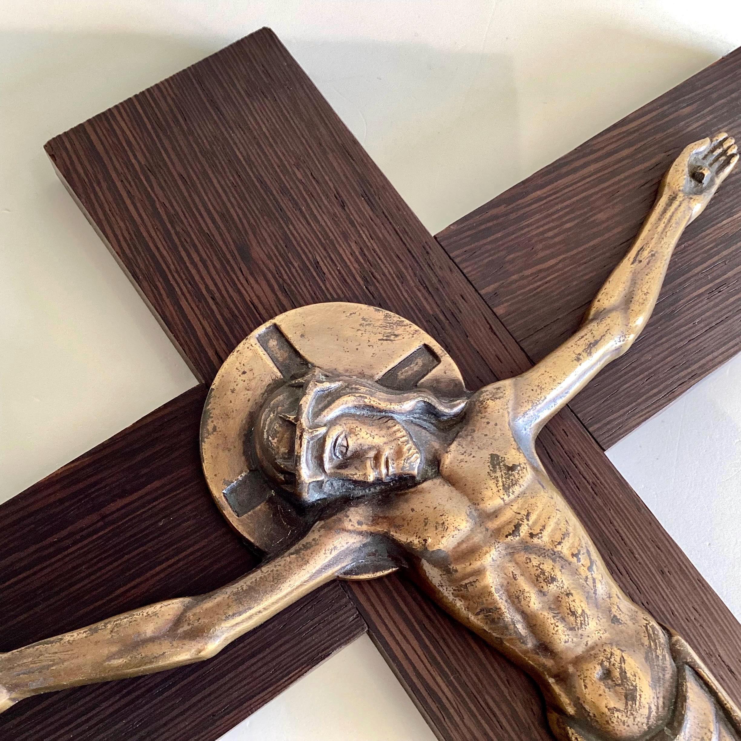 Vintage Crucifix | F. Jaques et Frères 1930s Art Deco, Bronze Christ on Pateraki Wood — photo 7 of 11