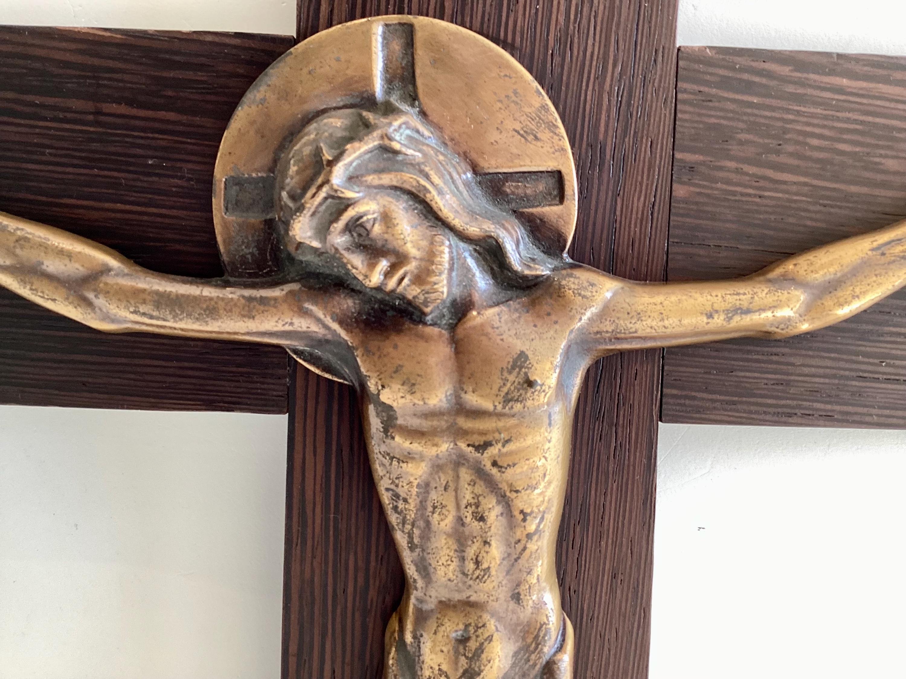Vintage Crucifix | F. Jaques et Frères 1930s Art Deco, Bronze Christ on Pateraki Wood — photo 9 of 11