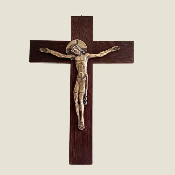 Vintage Crucifix | F. Jaques et Frères 1930s Art Deco, Bronze Christ on Pateraki Wood