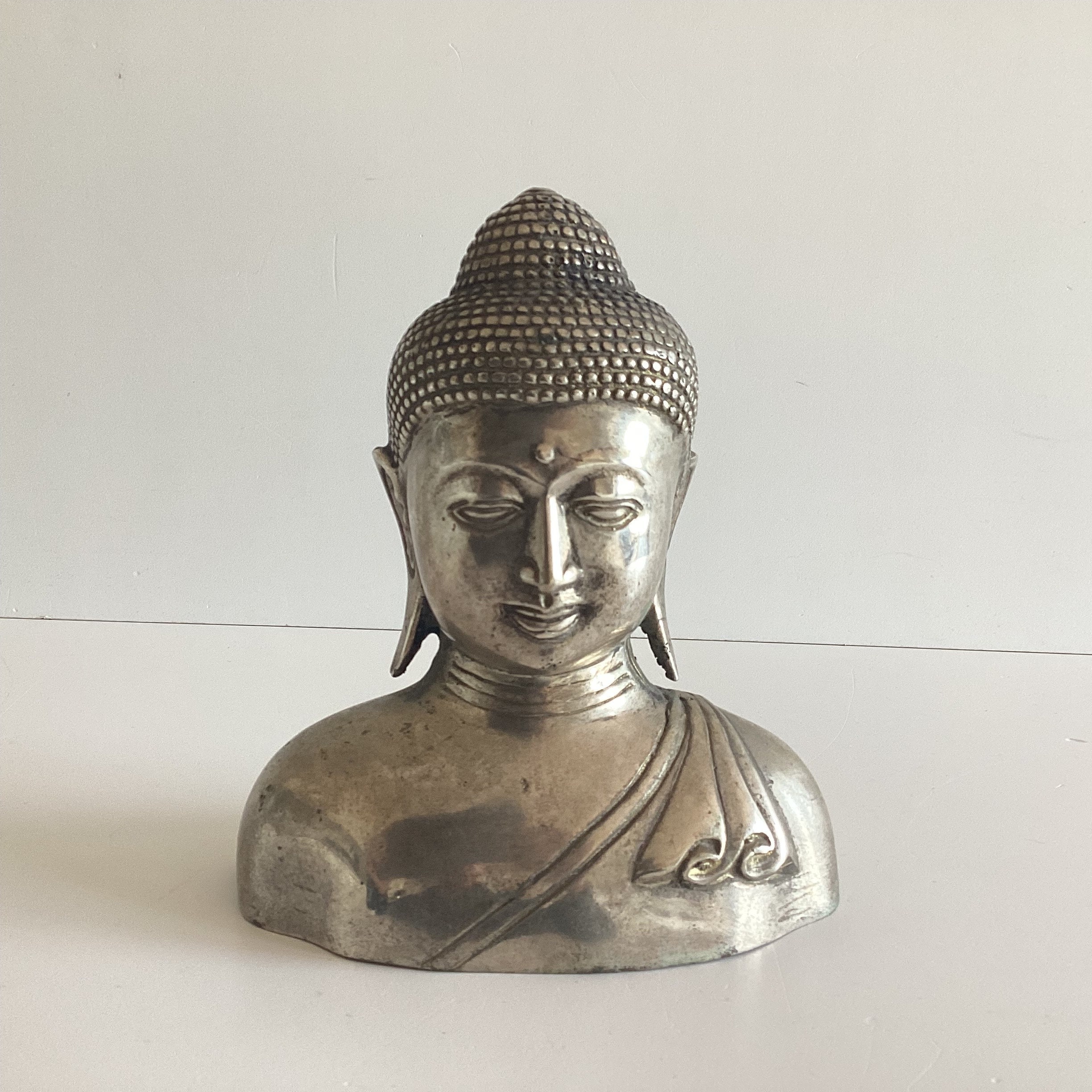Vintage Bronze Sculpture | 1960s Balinese Buddha Bust, Rare White Bronze Casting — photo 2 of 8