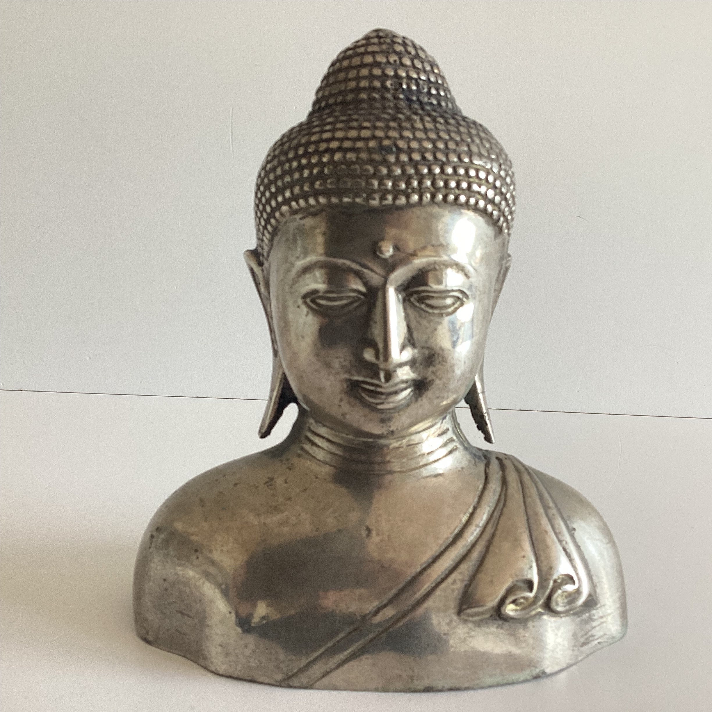 Vintage Bronze Sculpture | 1960s Balinese Buddha Bust, Rare White Bronze Casting — photo 3 of 8