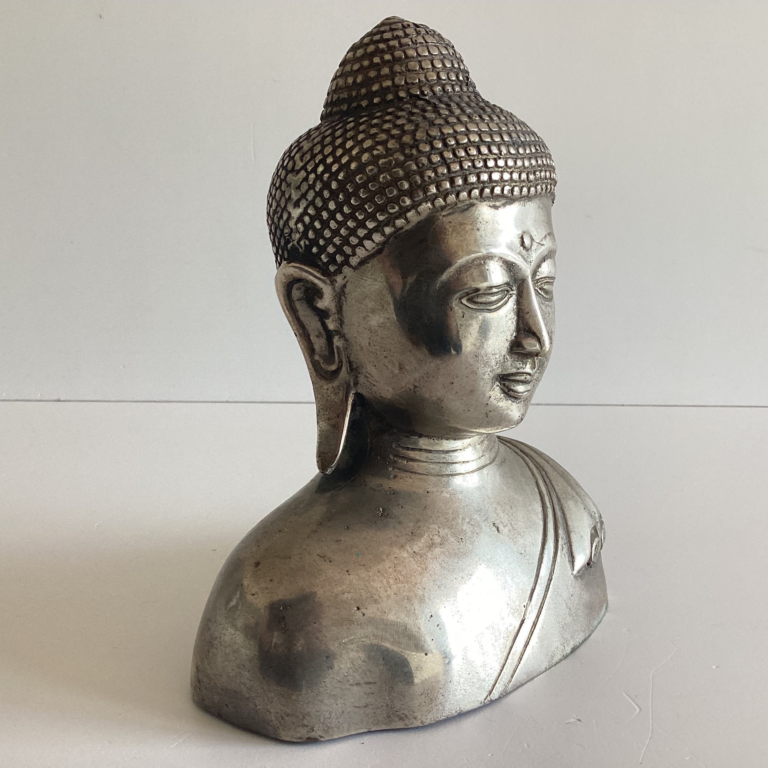 Vintage Bronze Sculpture | 1960s Balinese Buddha Bust, Rare White Bronze Casting — photo 5 of 8
