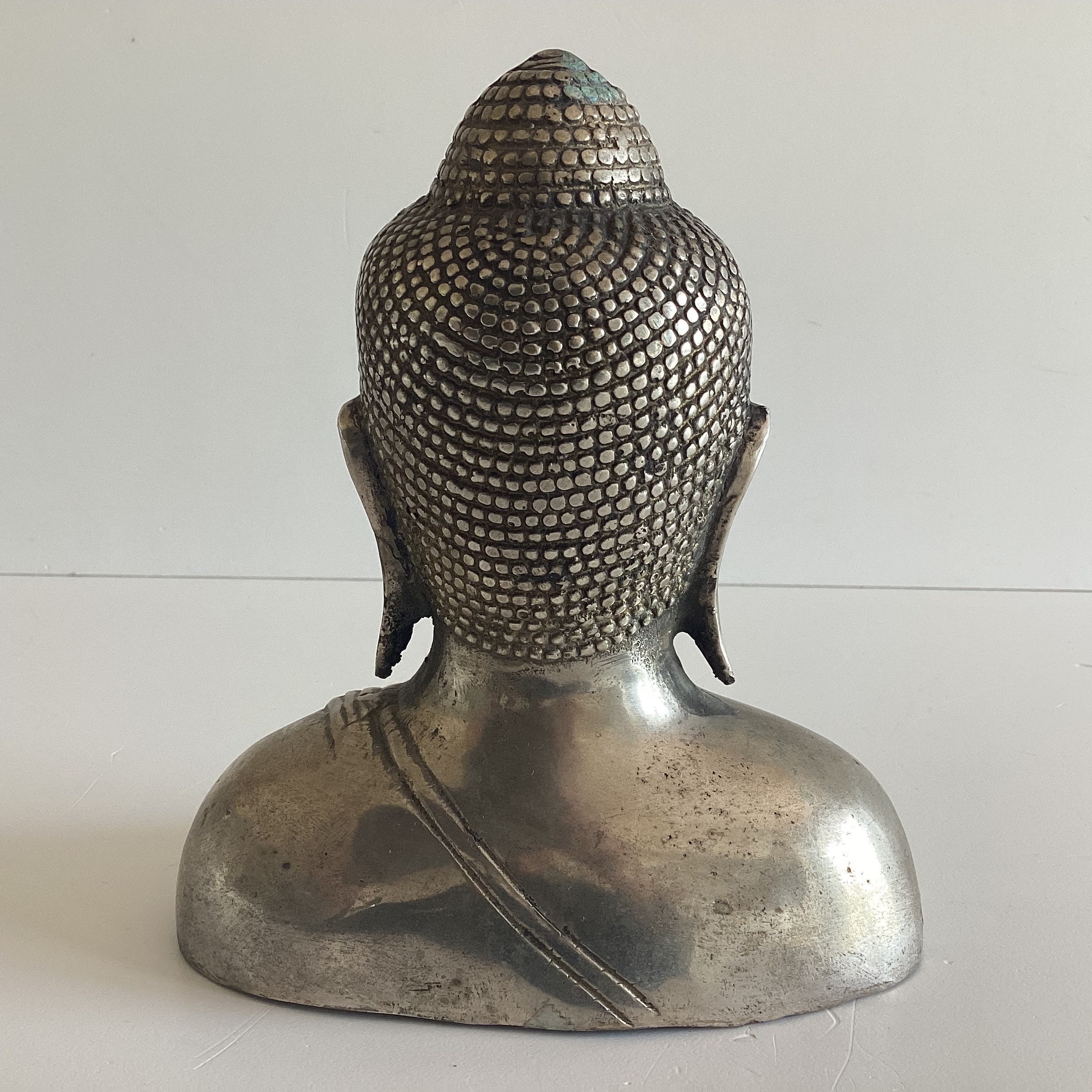 Vintage Bronze Sculpture | 1960s Balinese Buddha Bust, Rare White Bronze Casting — photo 6 of 8