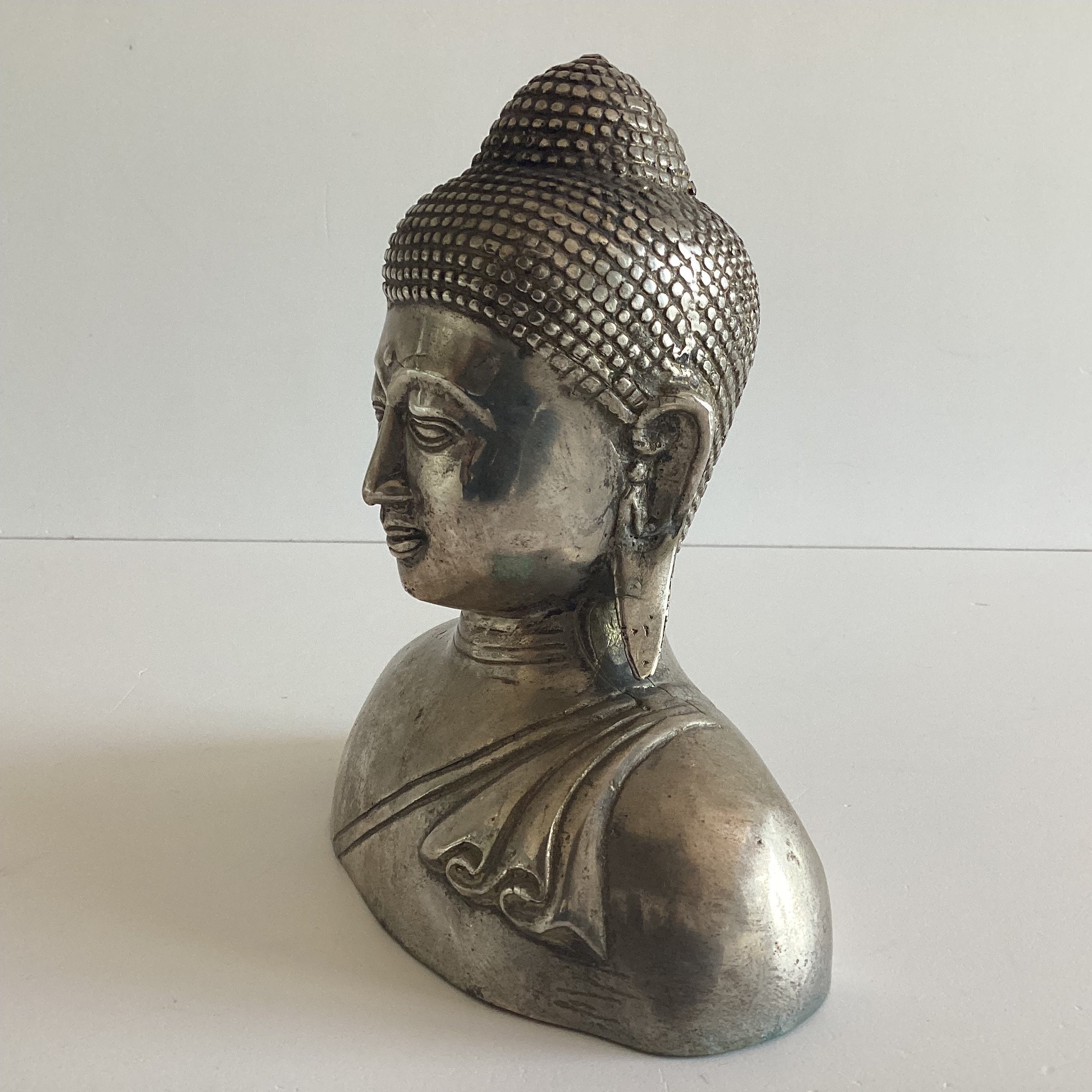 Vintage Bronze Sculpture | 1960s Balinese Buddha Bust, Rare White Bronze Casting — photo 7 of 8