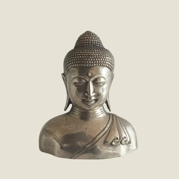 Vintage Bronze Sculpture | 1960s Balinese Buddha Bust, Rare White Bronze Casting