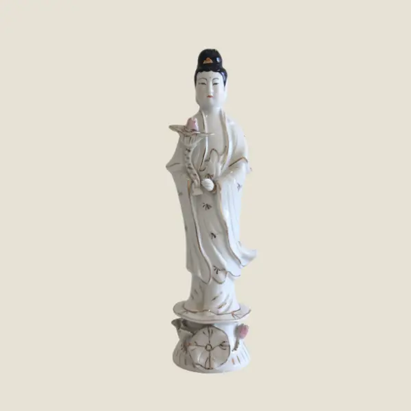 Vintage Porcelain Figurine | 1950s Chinese Guan Yin Goddess, Hand Painted Gold Decoration