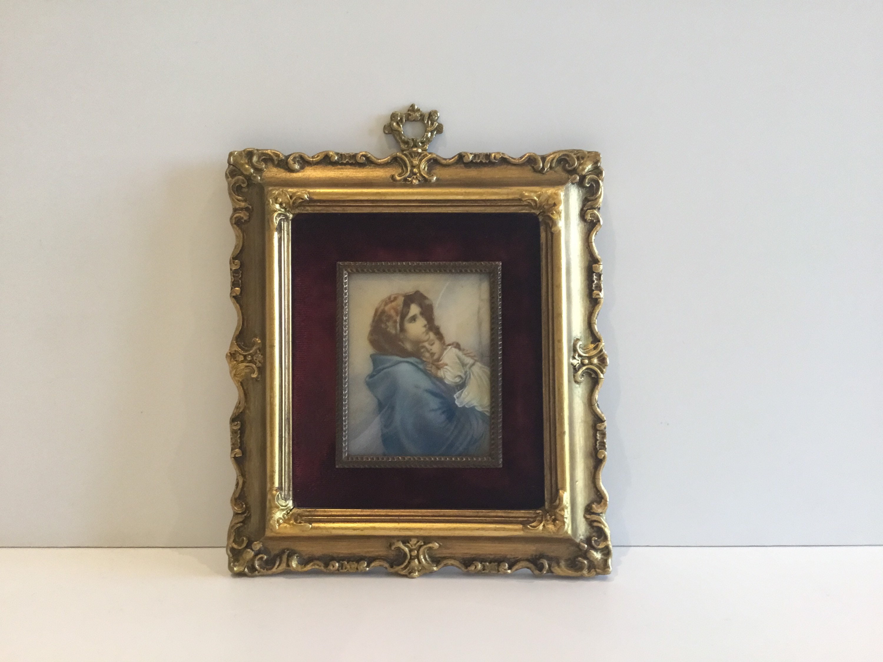 Vintage Miniature | 1900s Madonna and Child, Hand-Painted Convex Glass Made In Italy — photo 2 of 8