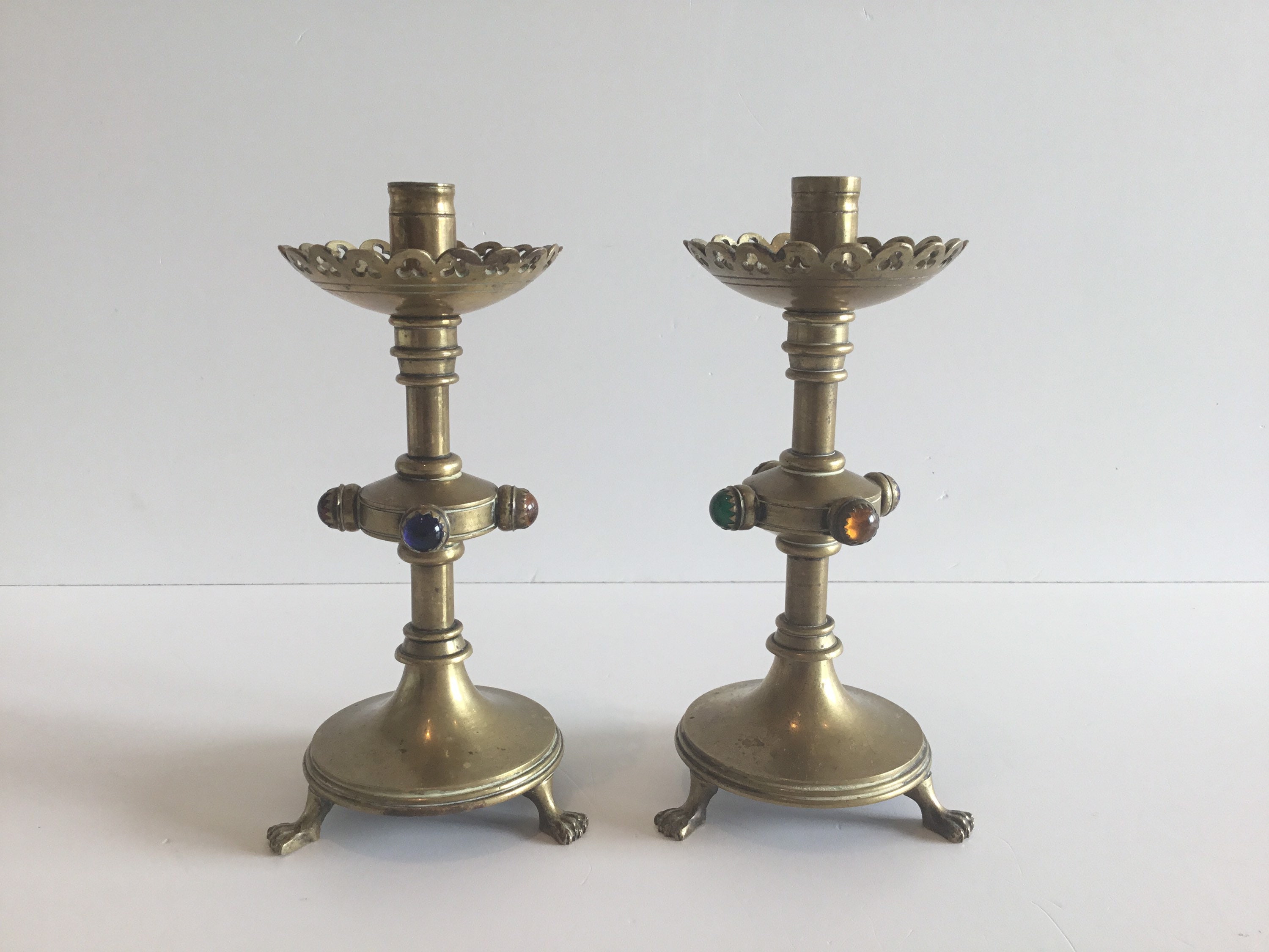 Antique Candlesticks | Neo Gotic 1700s  French Gilded Copper, Amber Cabochon Pair — photo 2 of 11