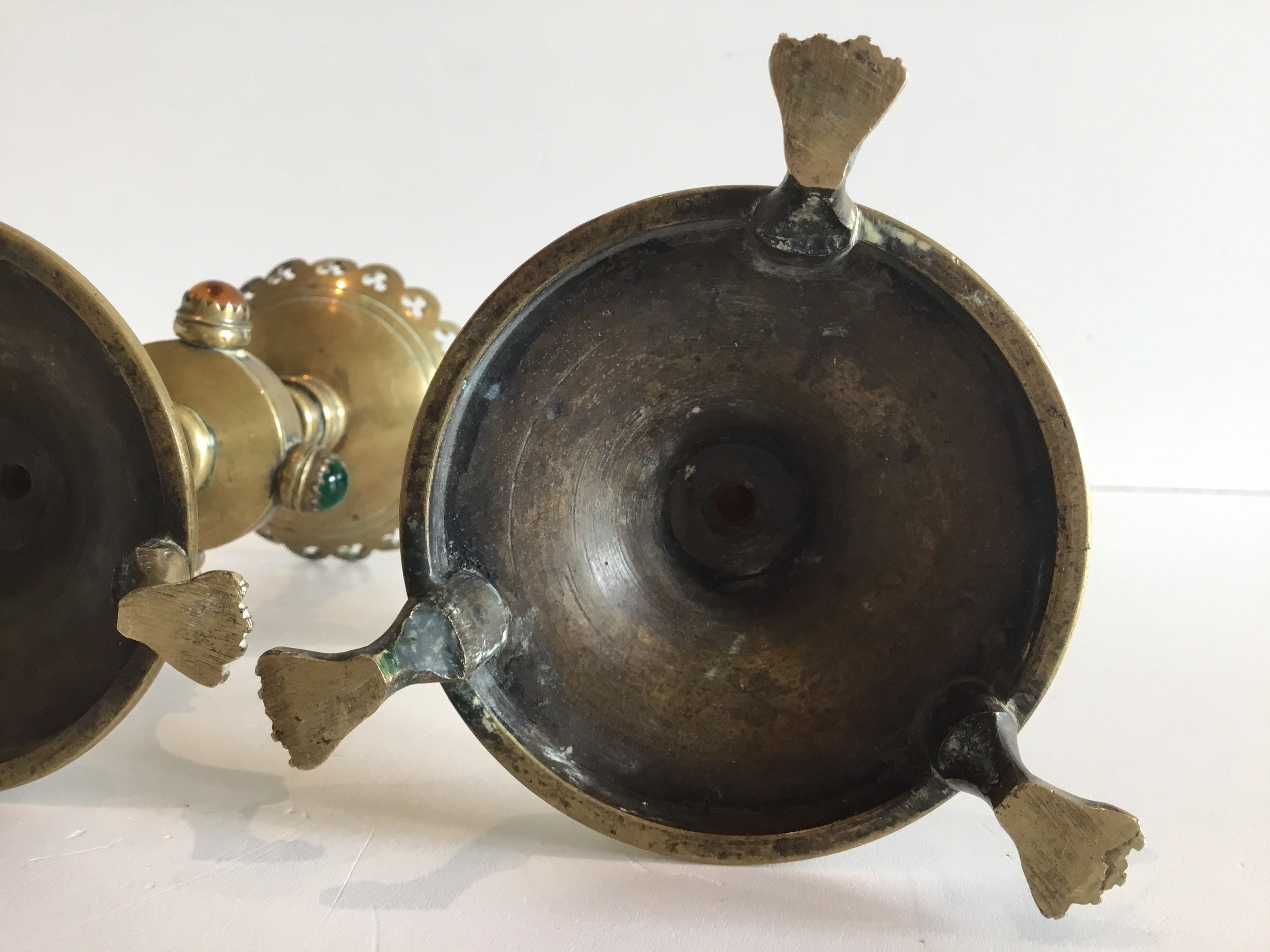 Antique Candlesticks | Neo Gotic 1700s  French Gilded Copper, Amber Cabochon Pair — photo 11 of 11