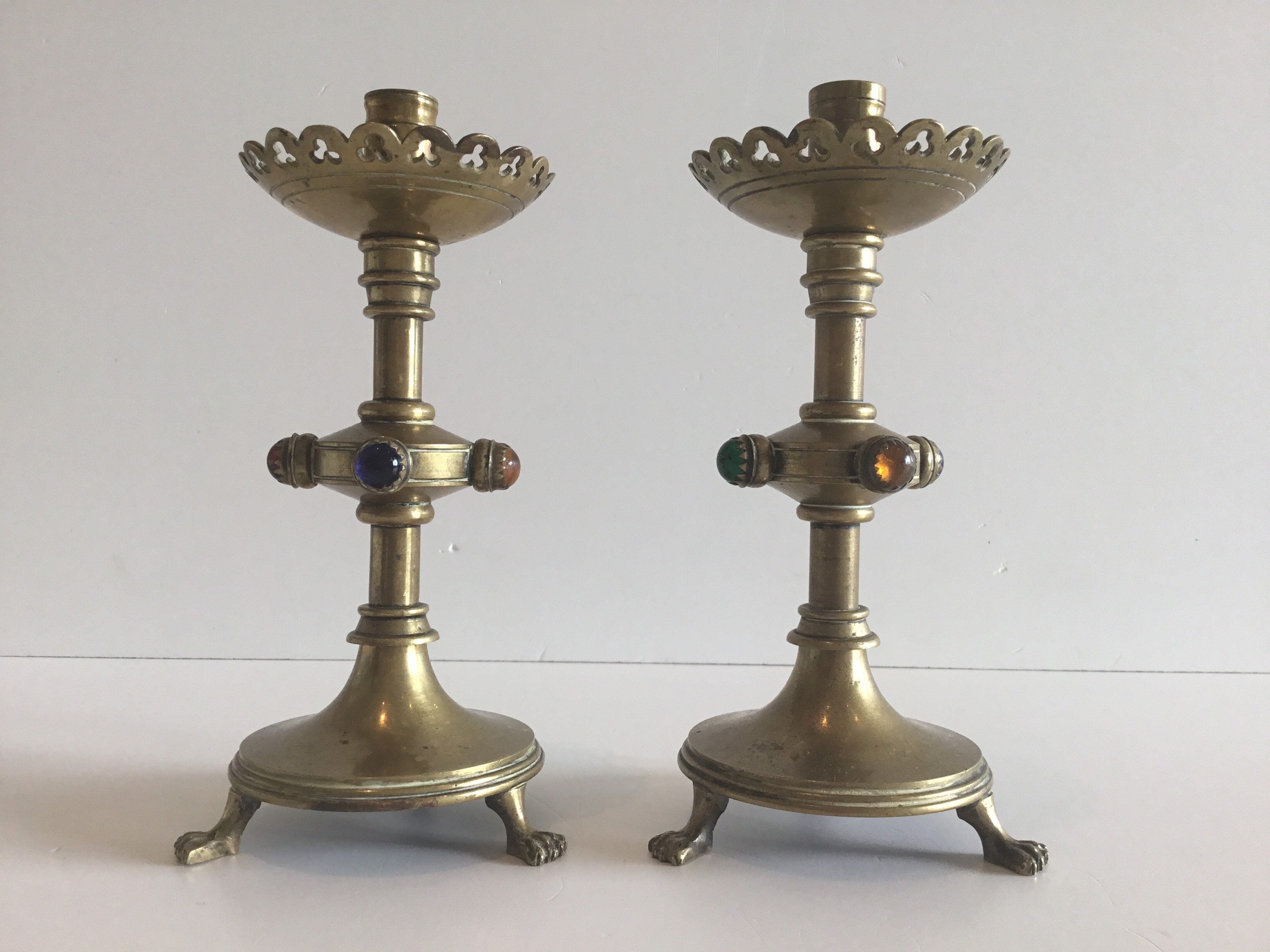 Antique Candlesticks | Neo Gotic 1700s  French Gilded Copper, Amber Cabochon Pair — photo 3 of 11