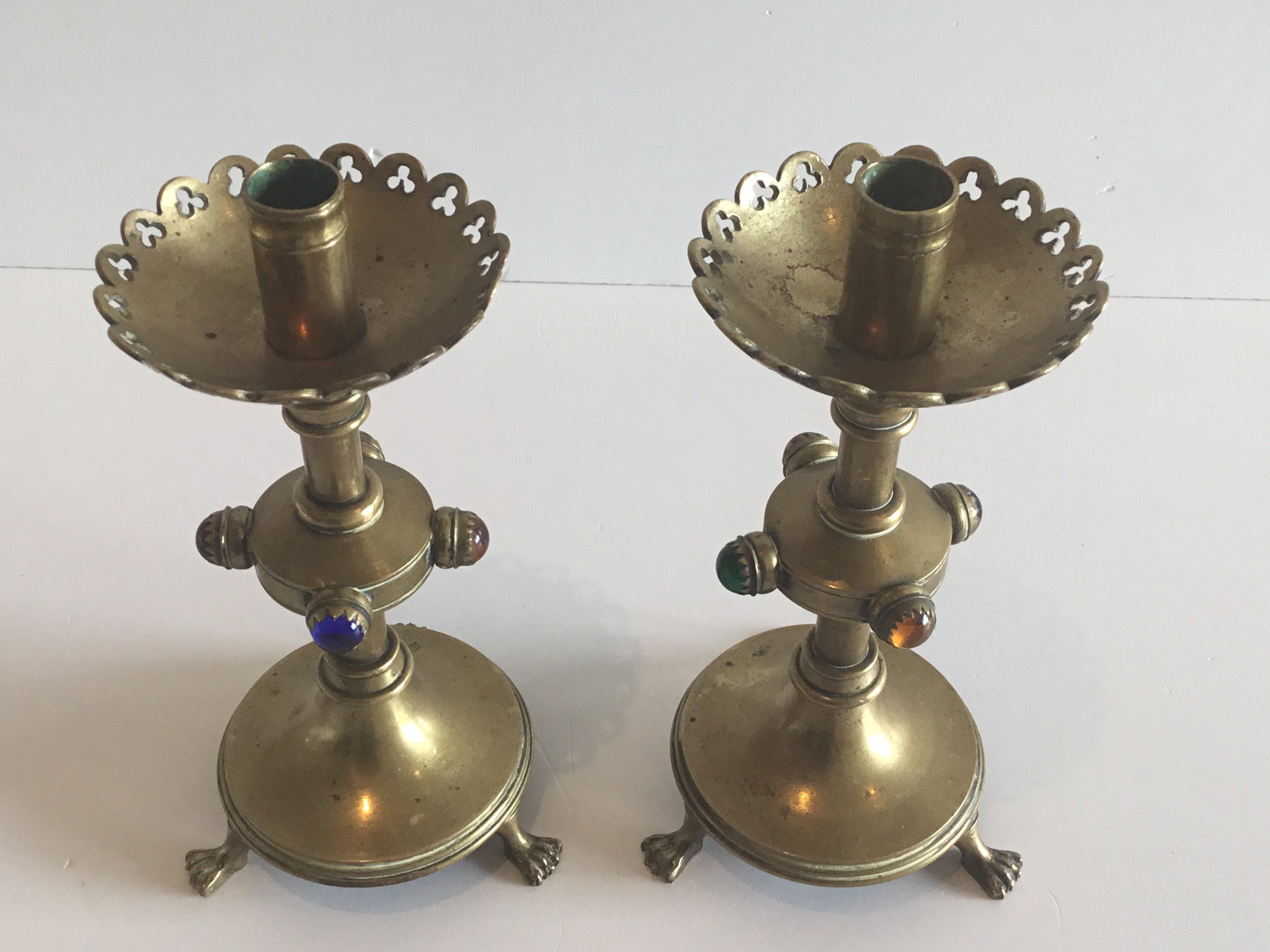 Antique Candlesticks | Neo Gotic 1700s  French Gilded Copper, Amber Cabochon Pair — photo 4 of 11