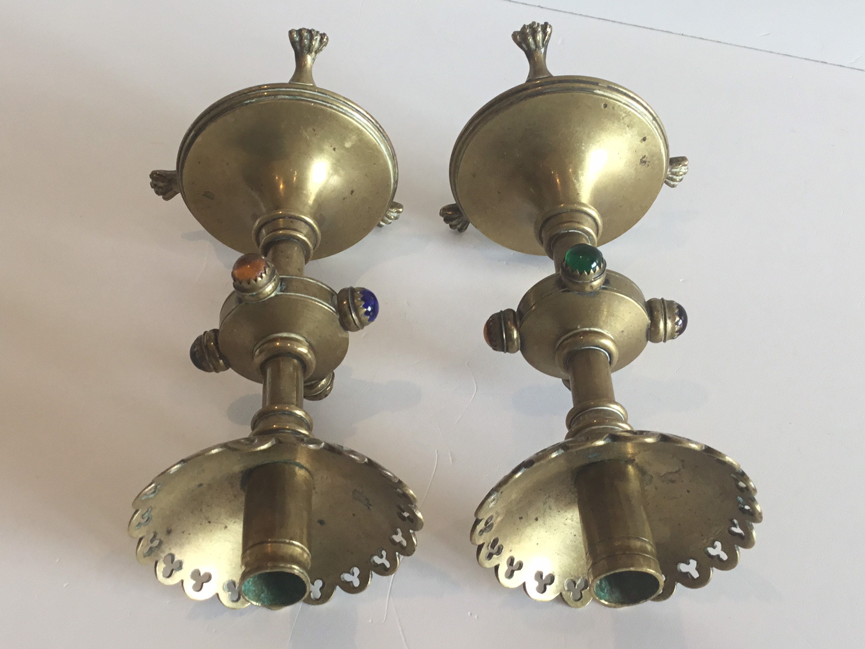 Antique Candlesticks | Neo Gotic 1700s  French Gilded Copper, Amber Cabochon Pair — photo 9 of 11