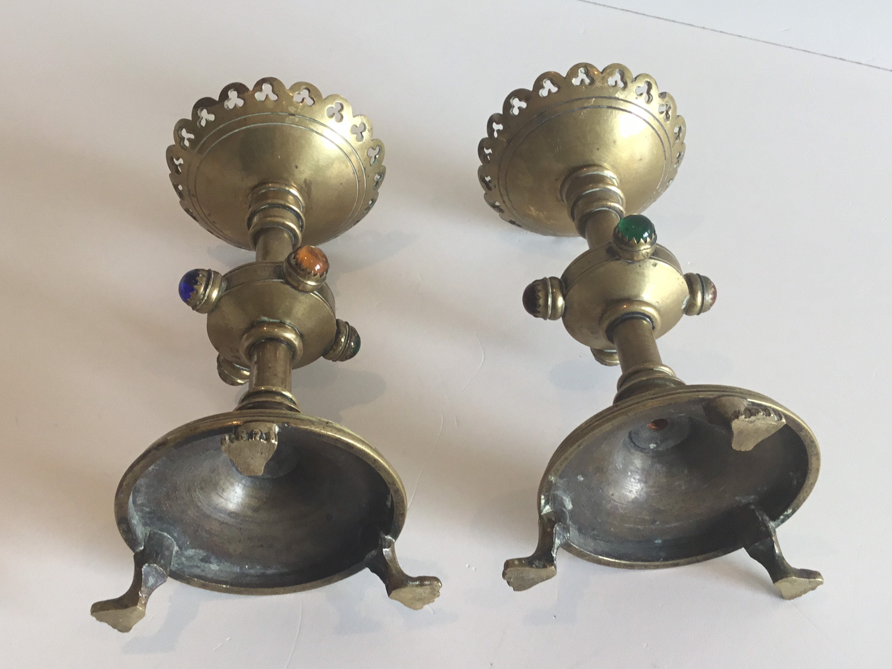 Antique Candlesticks | Neo Gotic 1700s  French Gilded Copper, Amber Cabochon Pair — photo 10 of 11