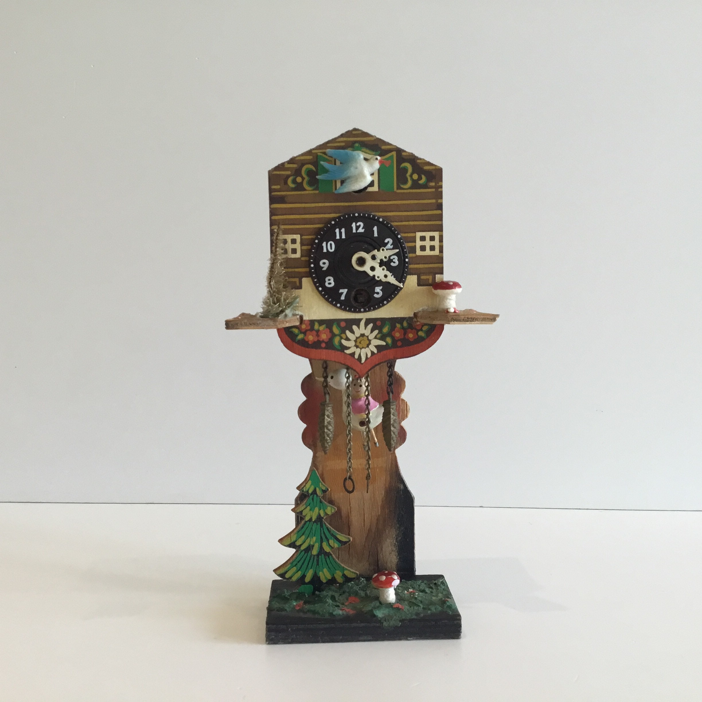 Vintage Pendulum Clock | 1950s Swiss Miniature, Moving Swallow & Stork Automaton — photo 2 of 10