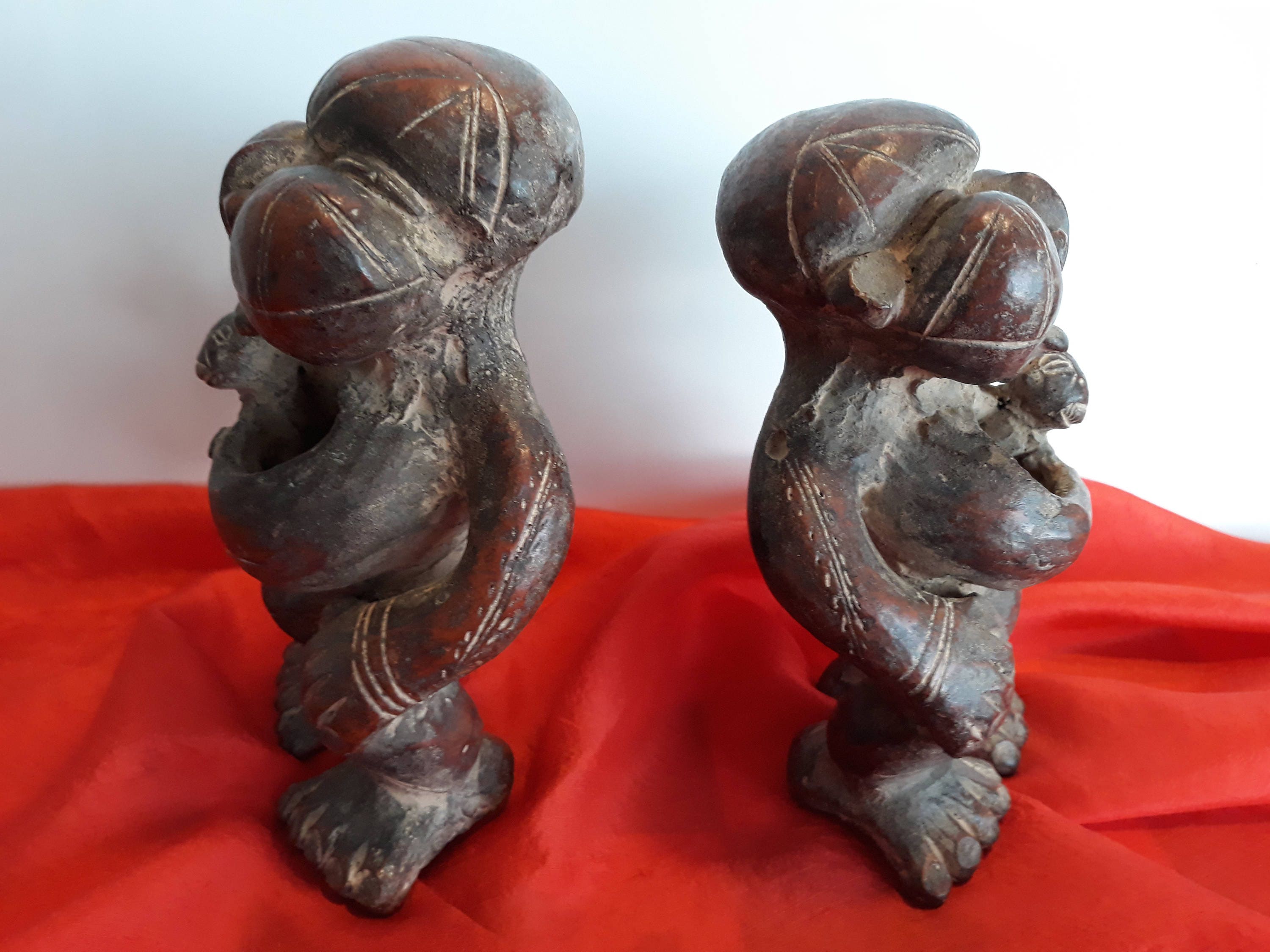 Antique African Art | Tikar Tribal Twin Figures Cameroon 1800s, Terracotta Guardian Sculptures — photo 4 of 6