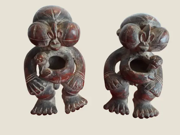 Antique African Art | Tikar Tribal Twin Figures Cameroon 1800s, Terracotta Guardian Sculptures