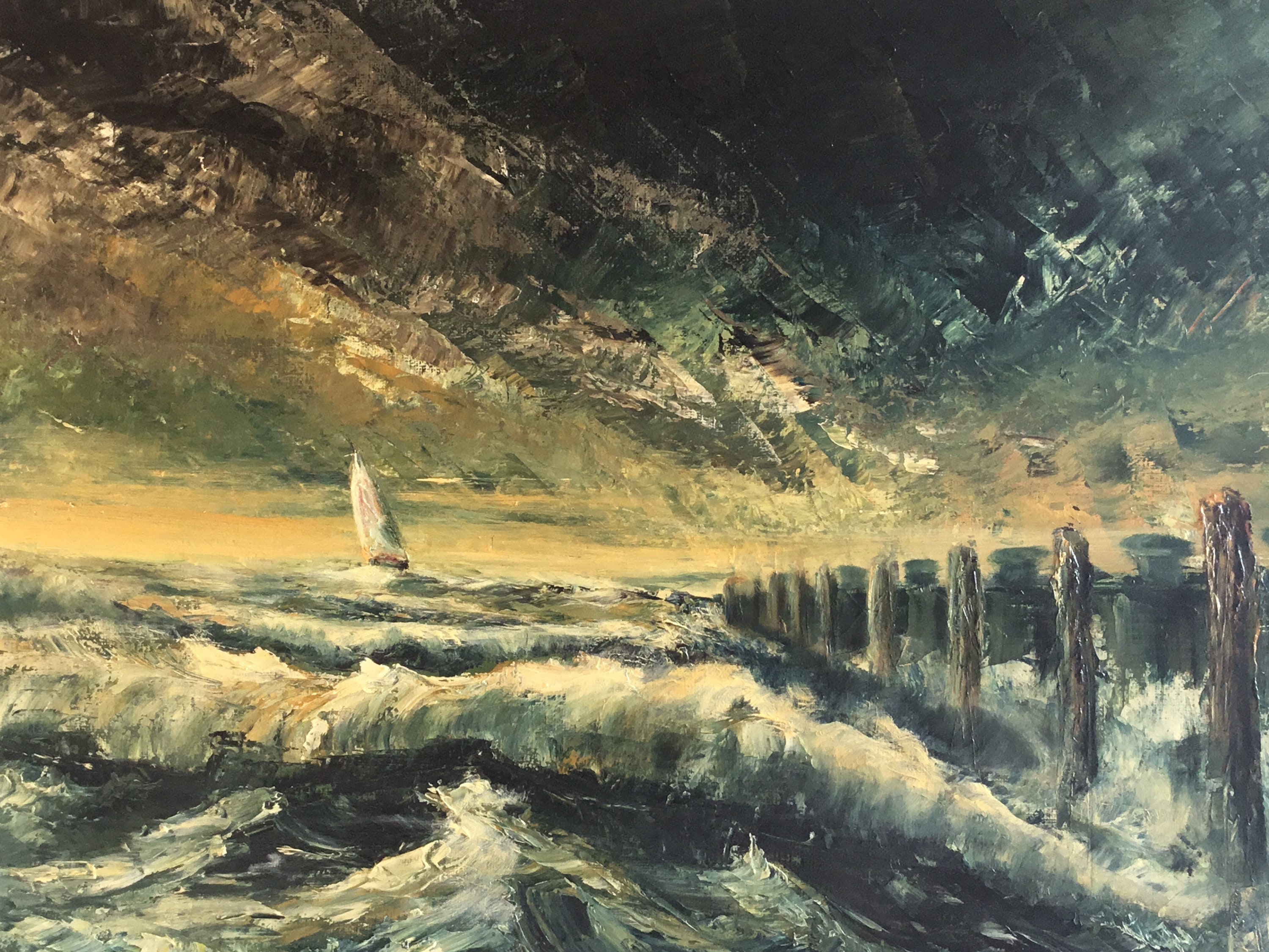 Vintage Seascape Painting | 1950s Italian Marine Art, Bold Color Contrast Signed — photo 2 of 11