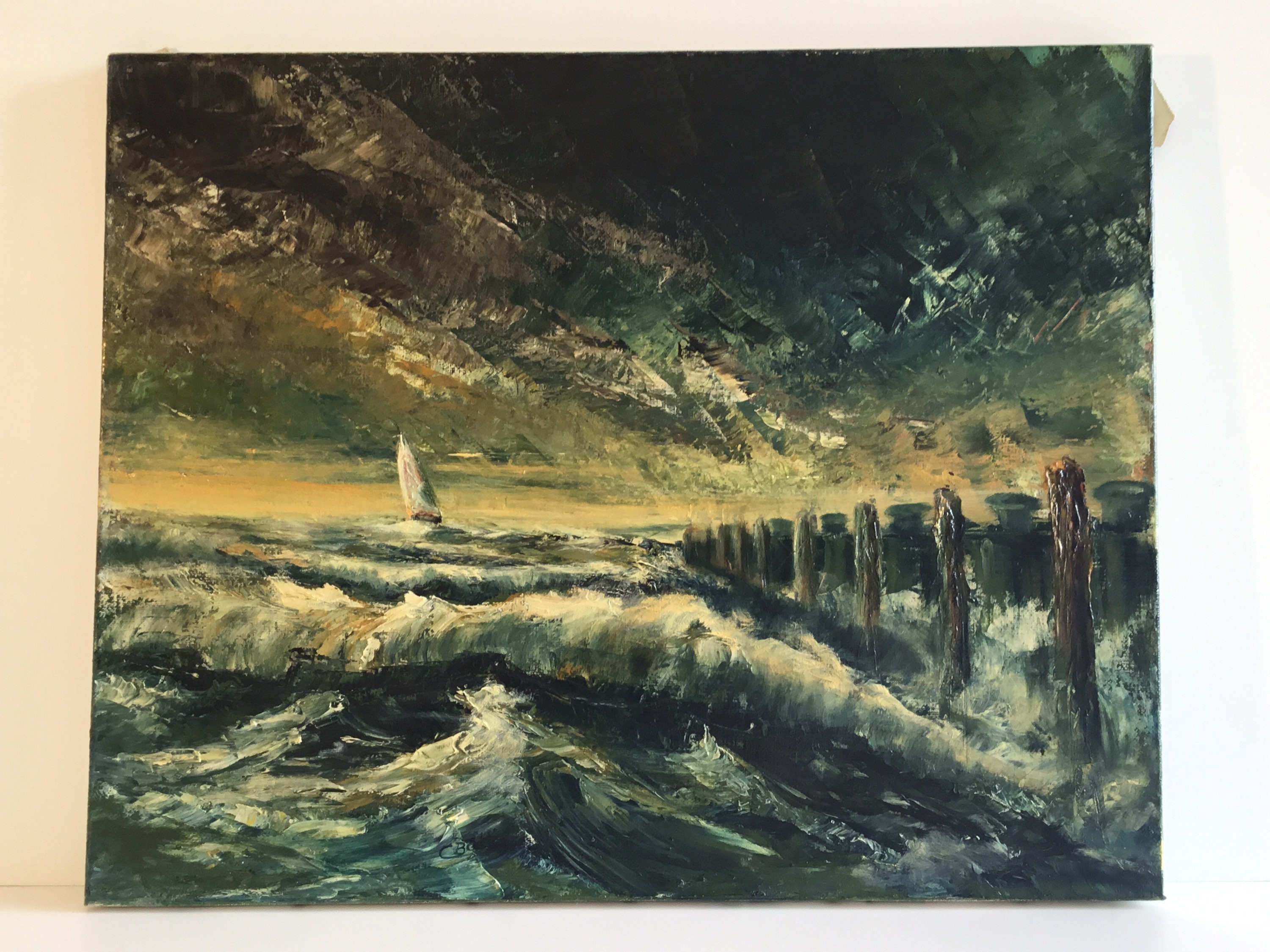 Vintage Seascape Painting | 1950s Italian Marine Art, Bold Color Contrast Signed — photo 3 of 11