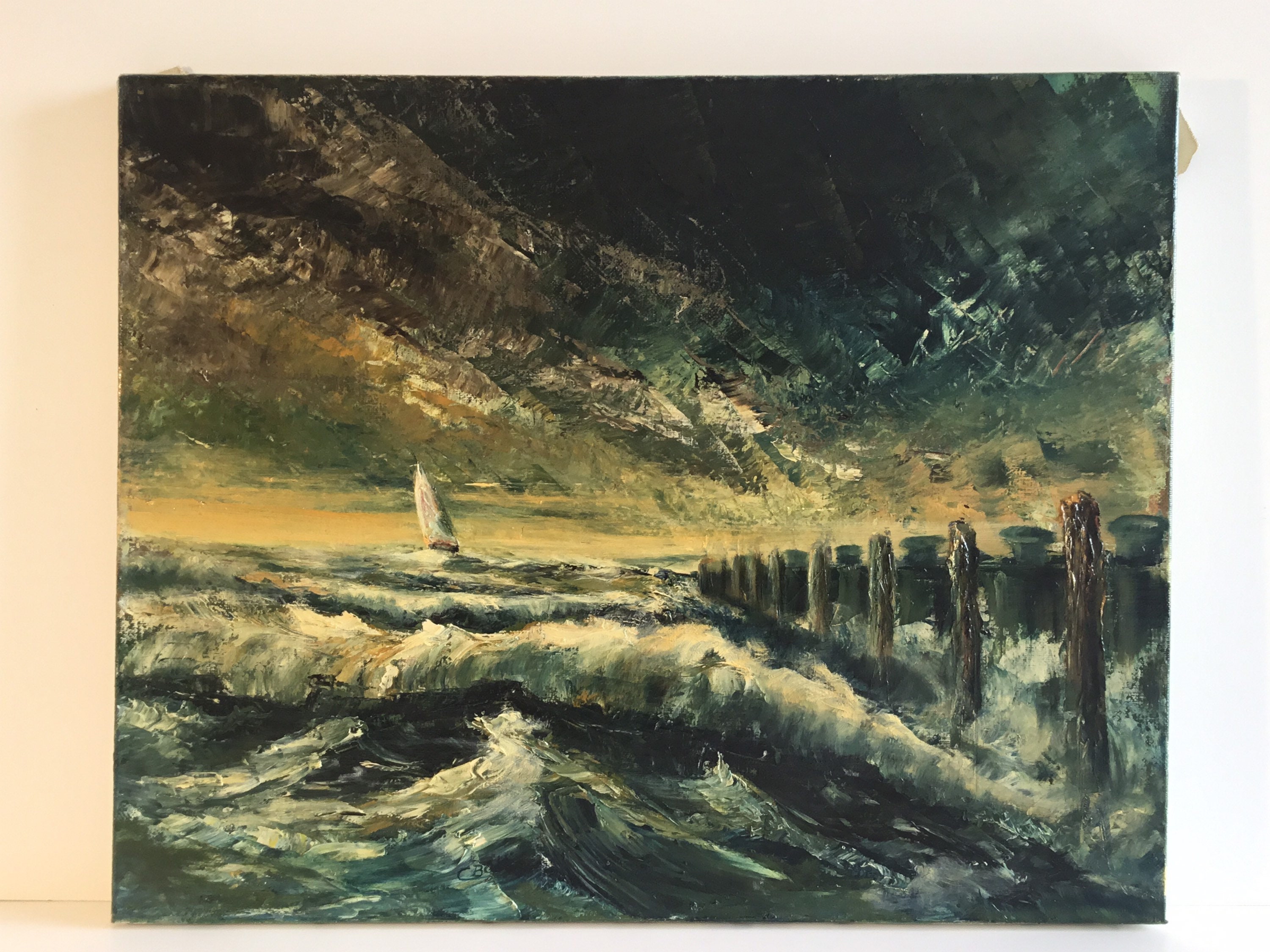 Vintage Seascape Painting | 1950s Italian Marine Art, Bold Color Contrast Signed — photo 8 of 11