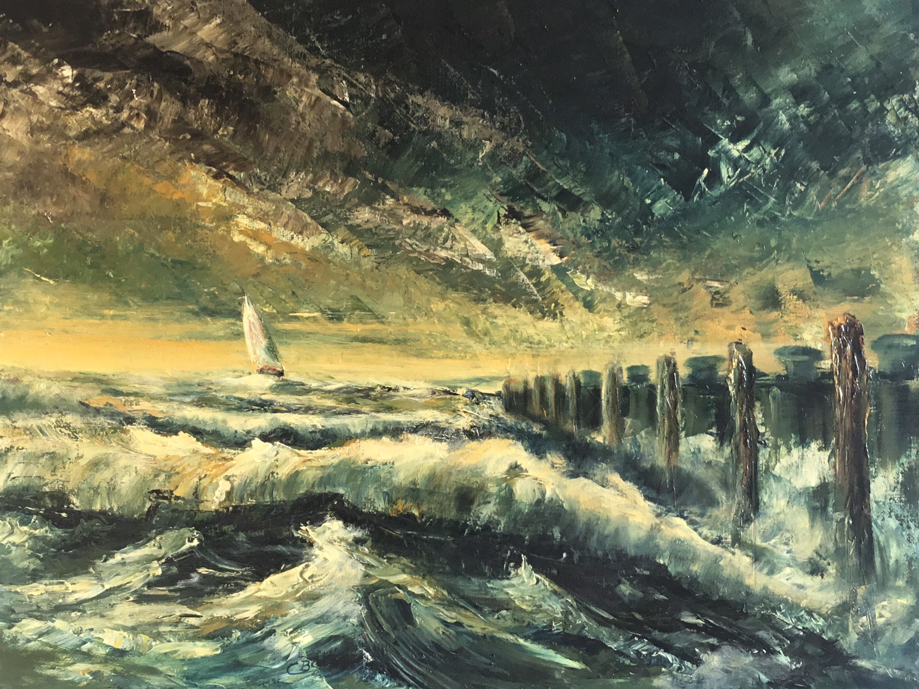 Vintage Seascape Painting | 1950s Italian Marine Art, Bold Color Contrast Signed — photo 9 of 11
