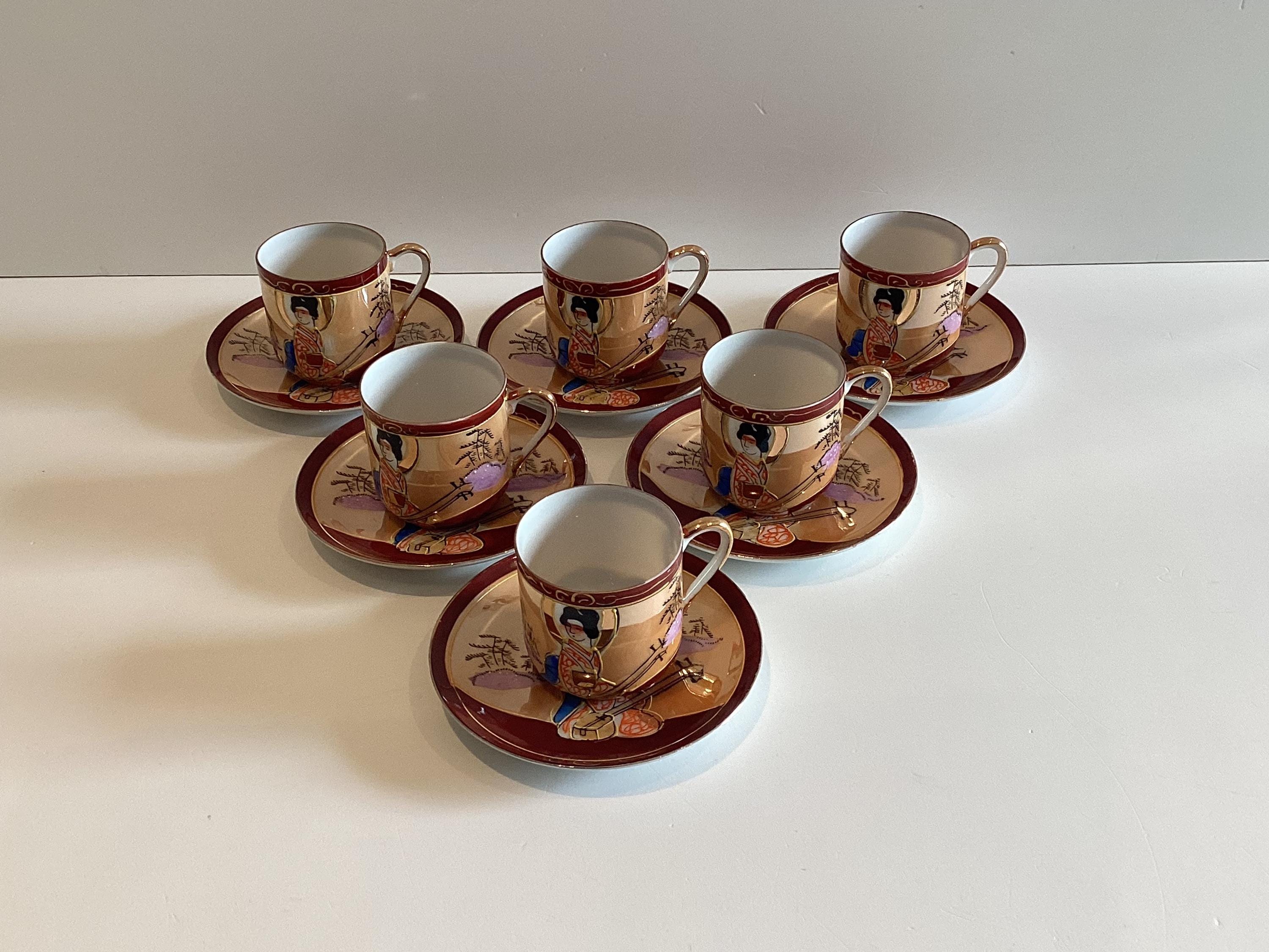 Antique Japanese Eggshell Porcelain Coffee Cup Saucer, 1930s Geisha Lithophane — photo 2 of 11