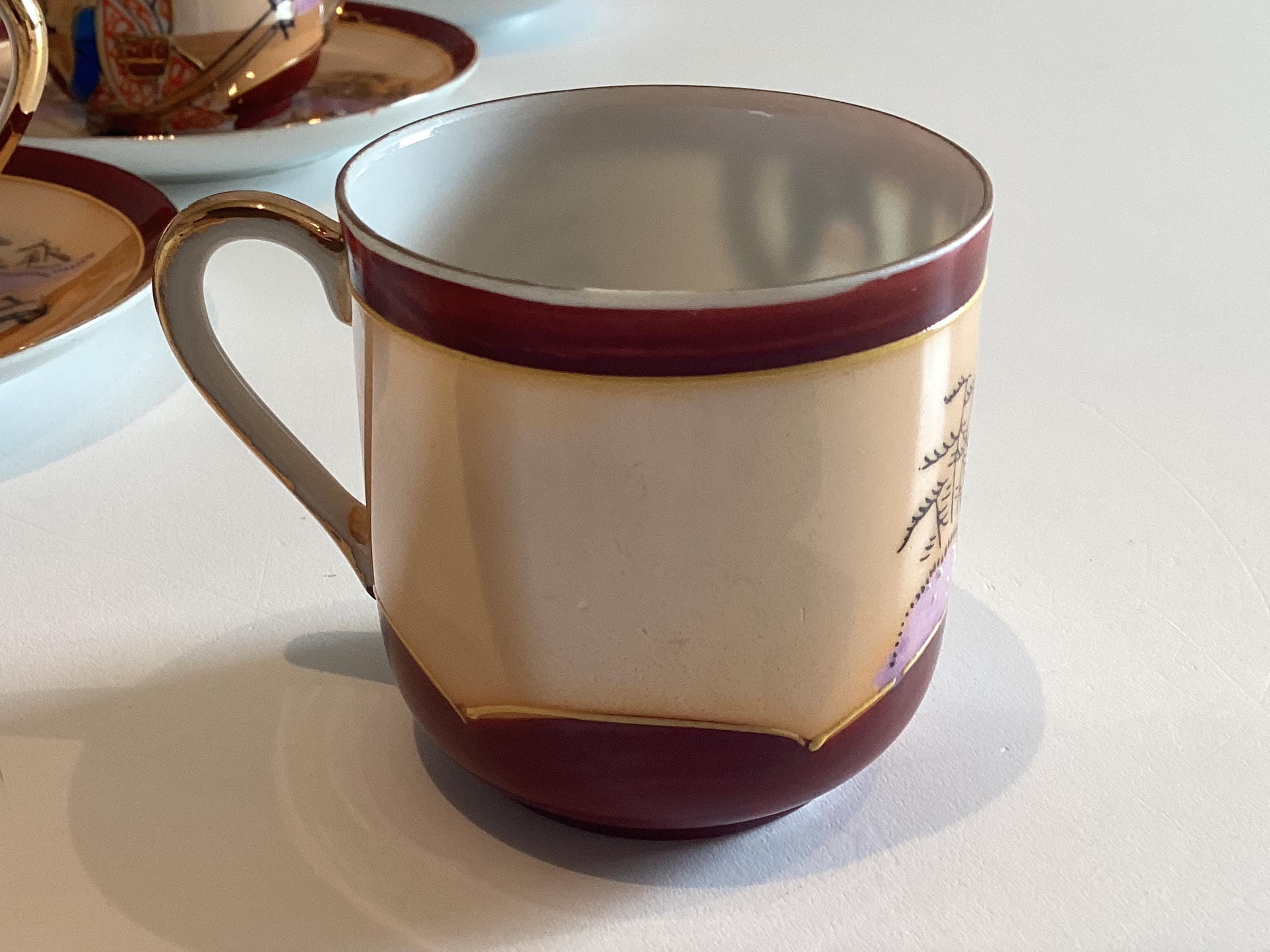 Antique Japanese Eggshell Porcelain Coffee Cup Saucer, 1930s Geisha Lithophane — photo 11 of 11