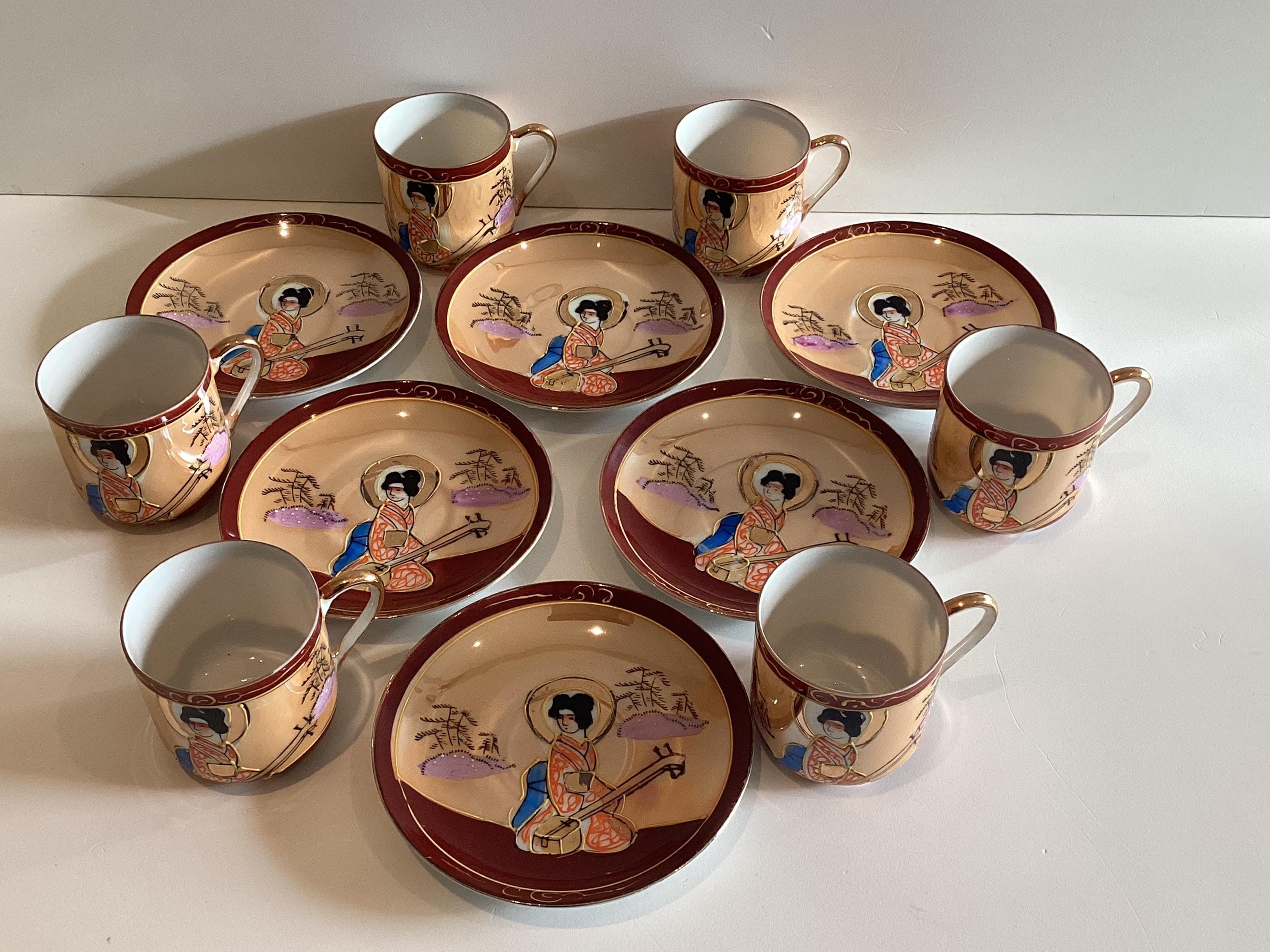 Antique Japanese Eggshell Porcelain Coffee Cup Saucer, 1930s Geisha Lithophane — photo 4 of 11