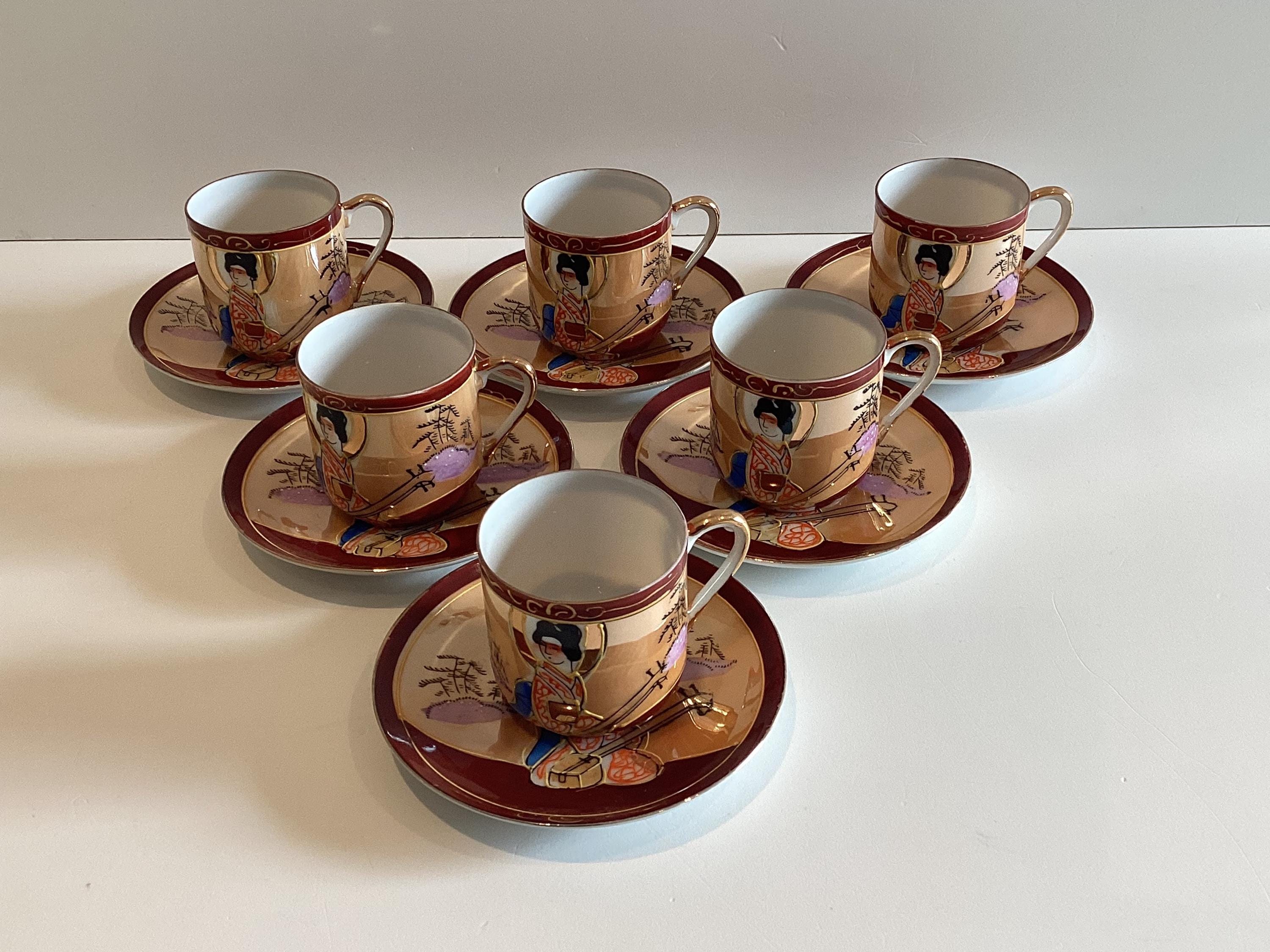Antique Japanese Eggshell Porcelain Coffee Cup Saucer, 1930s Geisha Lithophane — photo 5 of 11