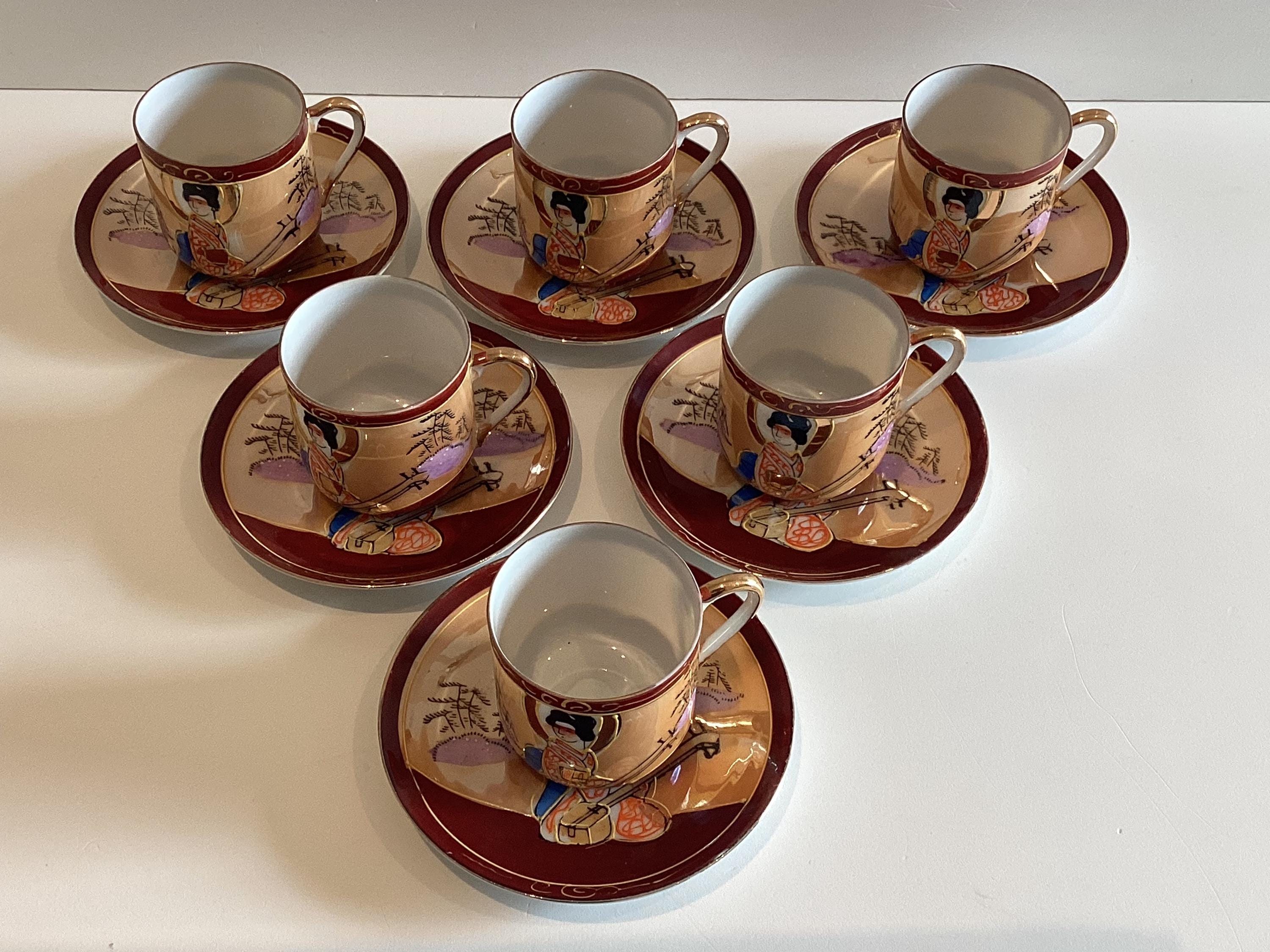 Antique Japanese Eggshell Porcelain Coffee Cup Saucer, 1930s Geisha Lithophane — photo 6 of 11