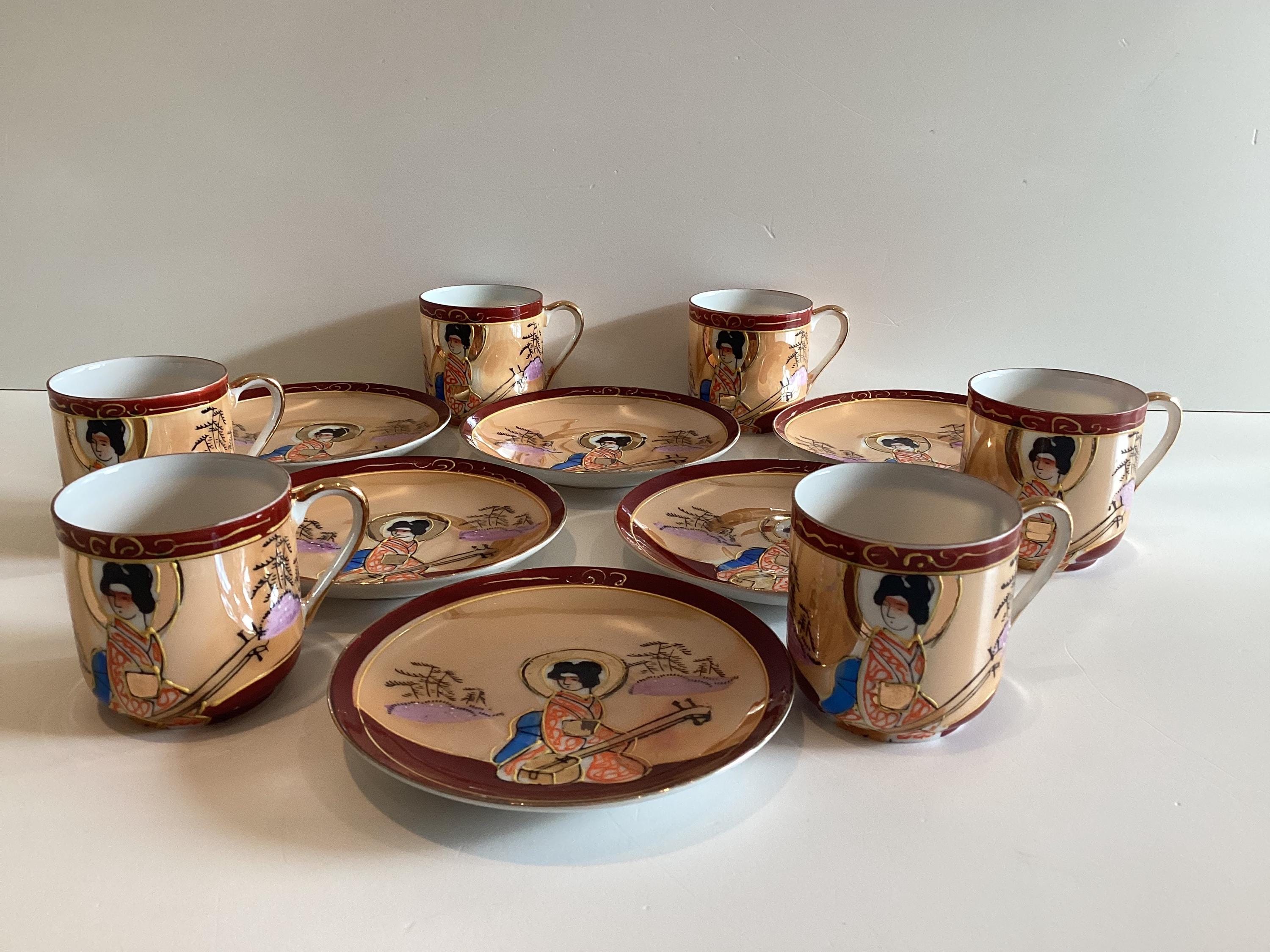 Antique Japanese Eggshell Porcelain Coffee Cup Saucer, 1930s Geisha Lithophane — photo 7 of 11