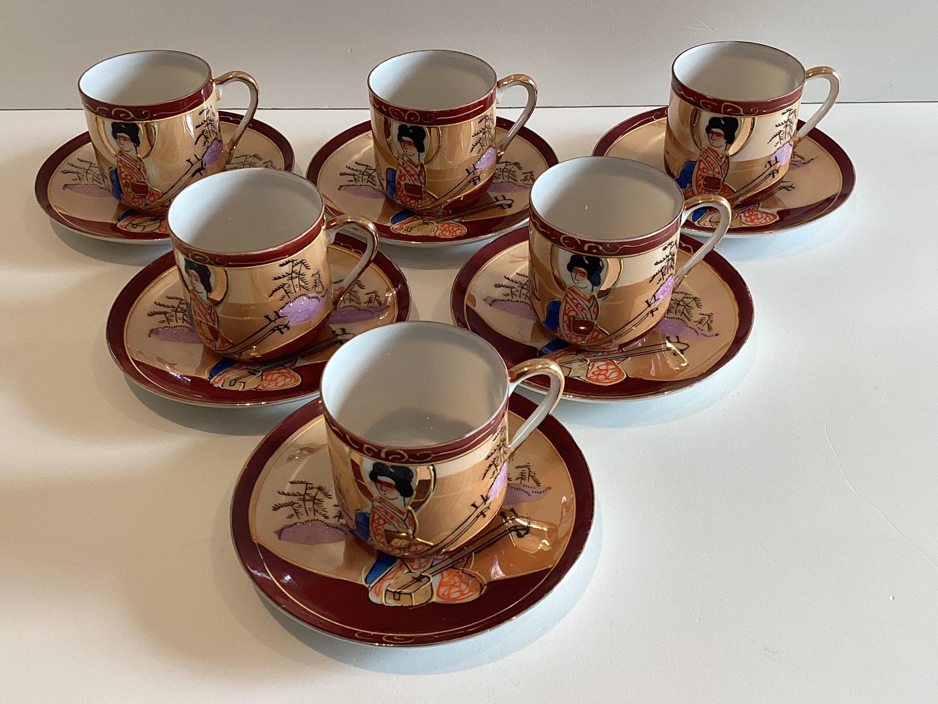 Antique Japanese Eggshell Porcelain Coffee Cup Saucer, 1930s Geisha Lithophane — photo 8 of 11