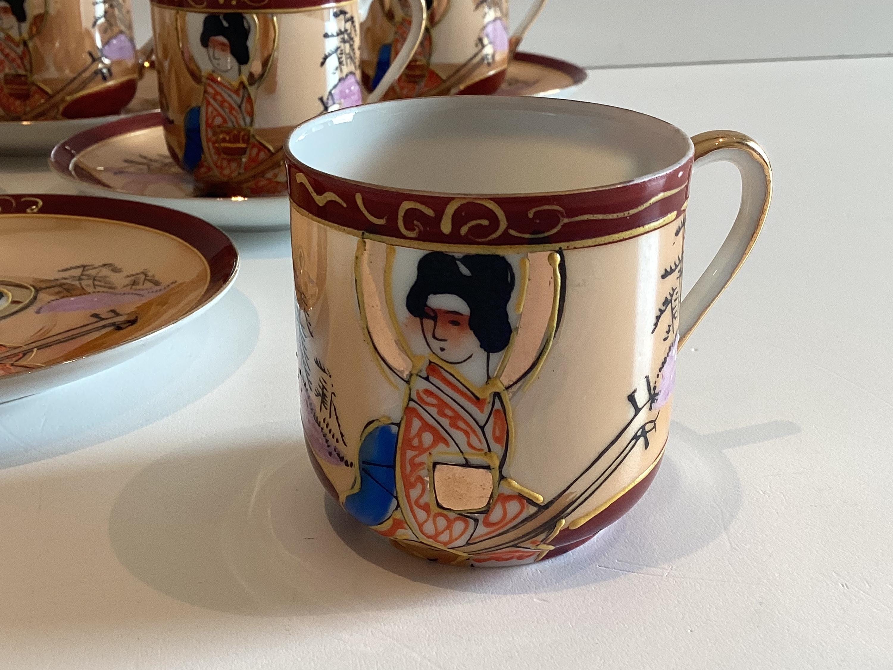 Antique Japanese Eggshell Porcelain Coffee Cup Saucer, 1930s Geisha Lithophane — photo 9 of 11
