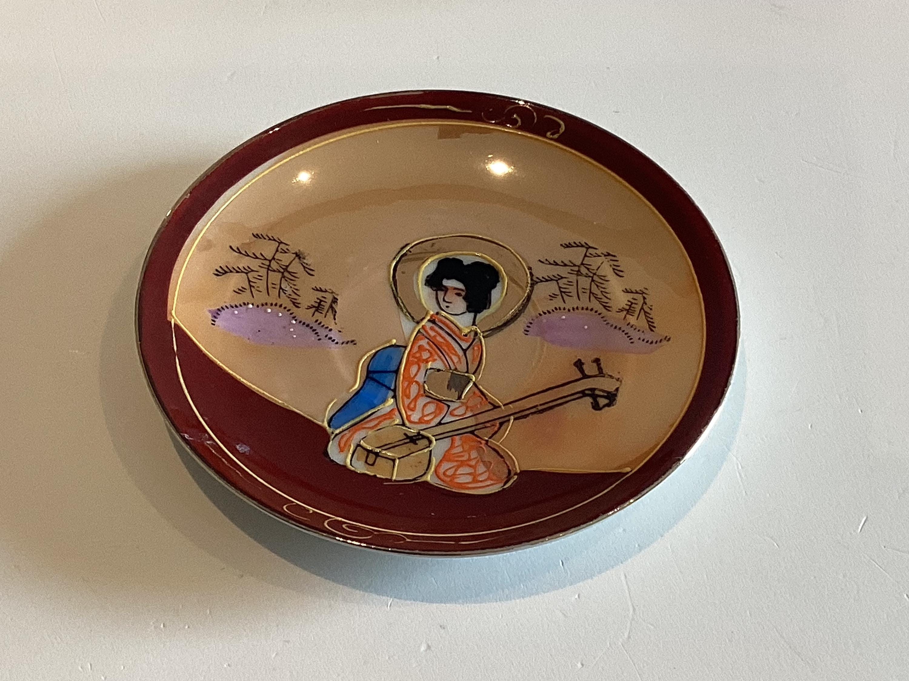 Antique Japanese Eggshell Porcelain Coffee Cup Saucer, 1930s Geisha Lithophane — photo 10 of 11