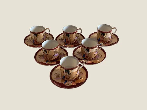 Antique Japanese Eggshell Porcelain Coffee Cup Saucer, 1930s Geisha Lithophane