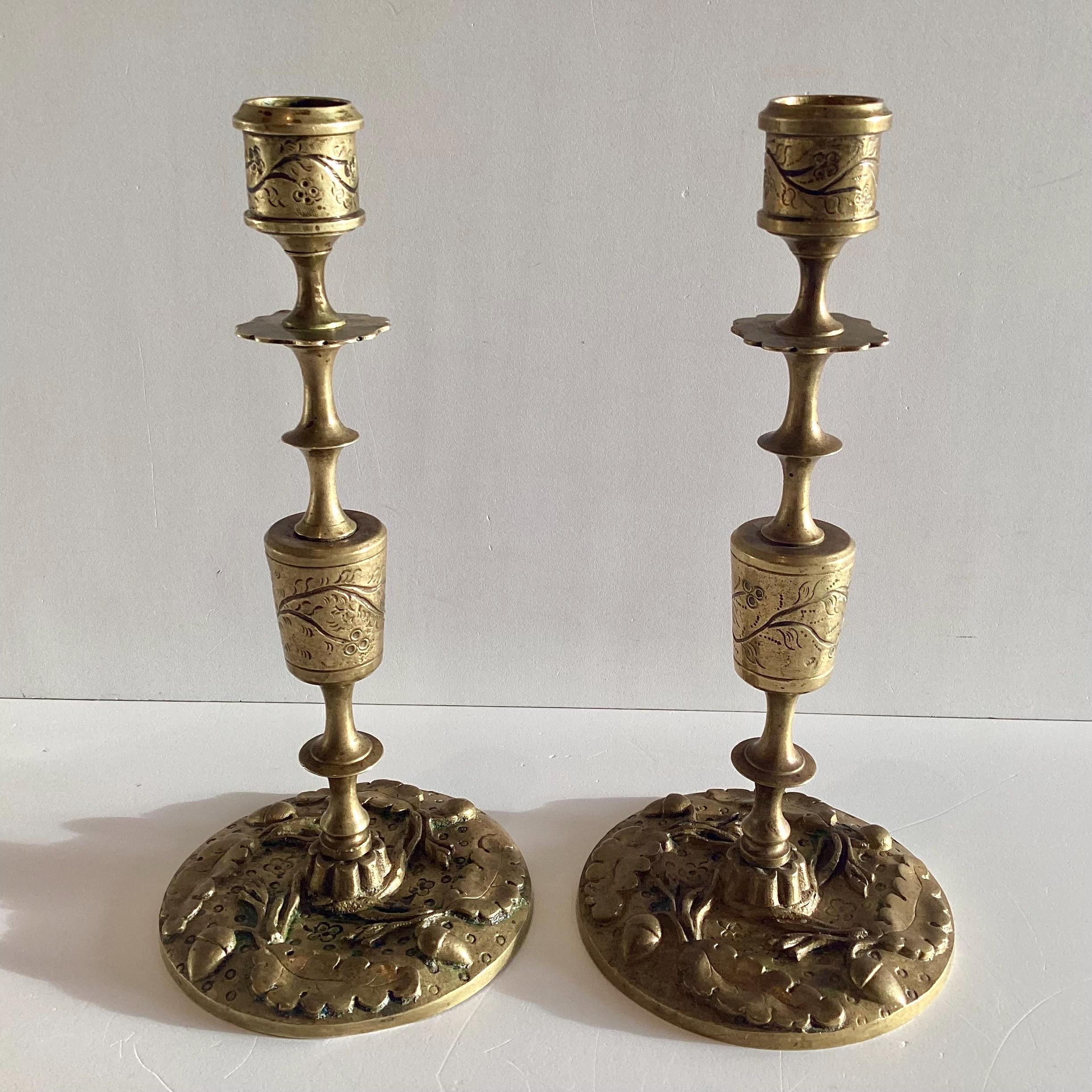 Antique Candlesticks – French Art Deco Bronze Pair with Leaf & Acorn Relief (1920s) — photo 2 of 10