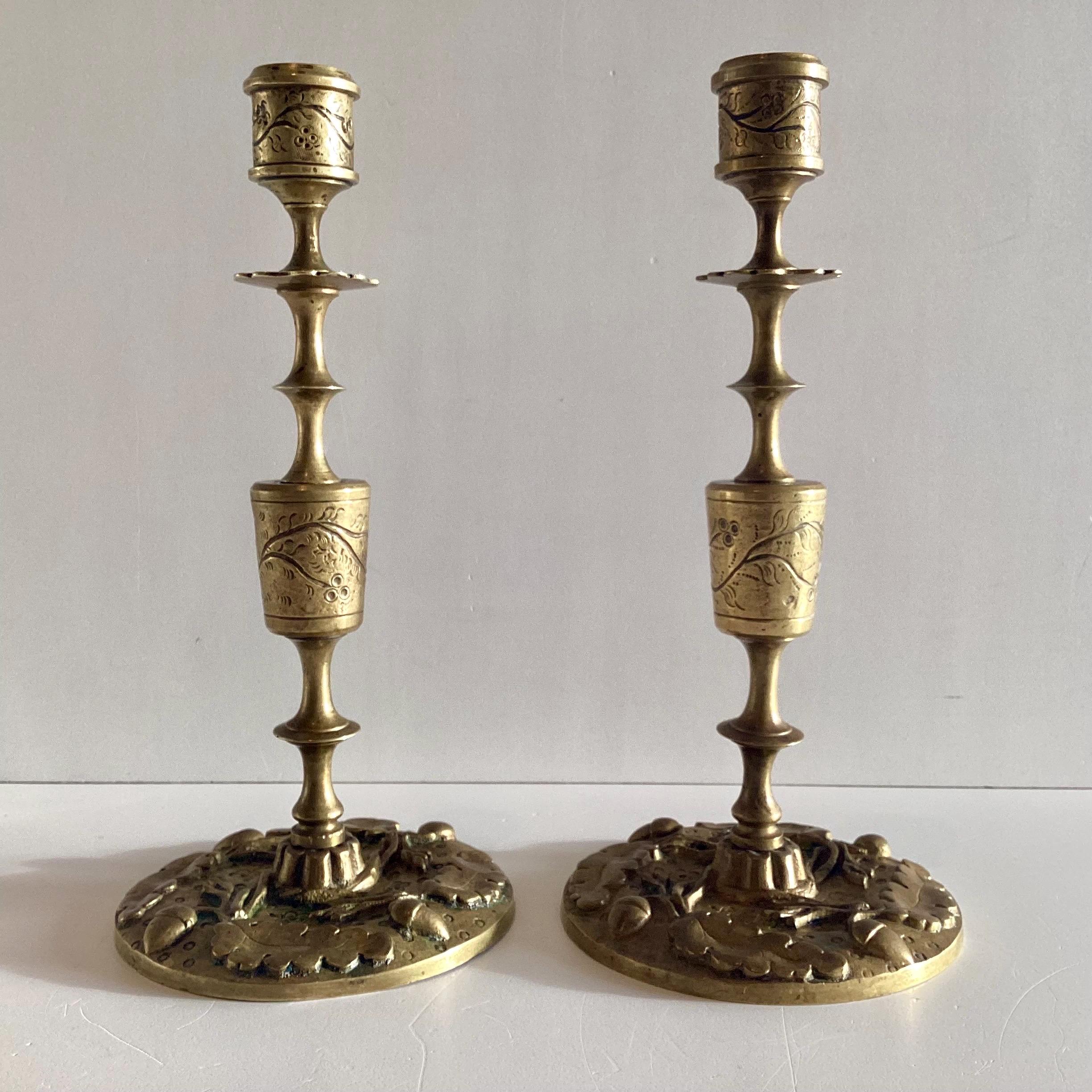 Antique Candlesticks – French Art Deco Bronze Pair with Leaf & Acorn Relief (1920s) — photo 4 of 10