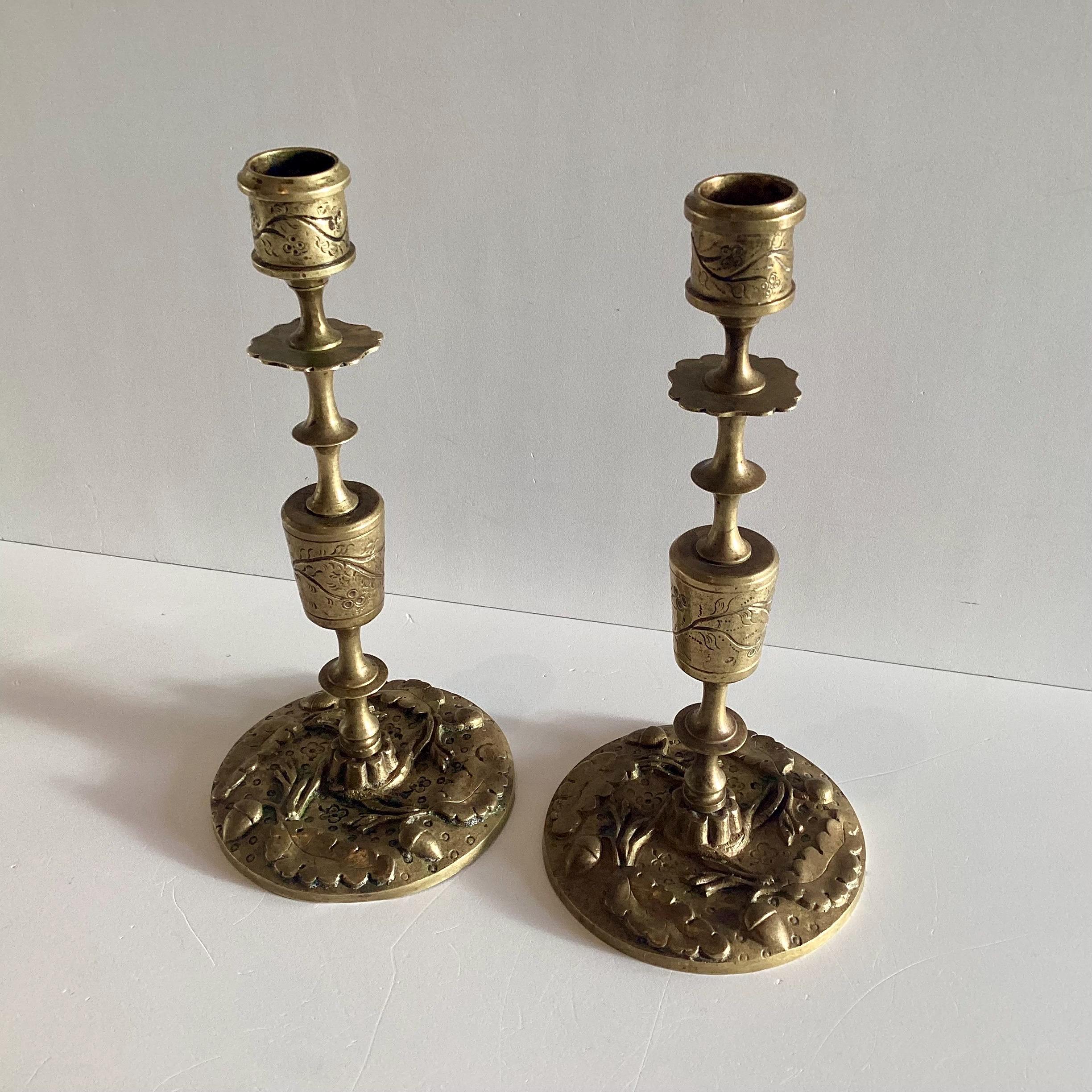 Antique Candlesticks – French Art Deco Bronze Pair with Leaf & Acorn Relief (1920s) — photo 5 of 10