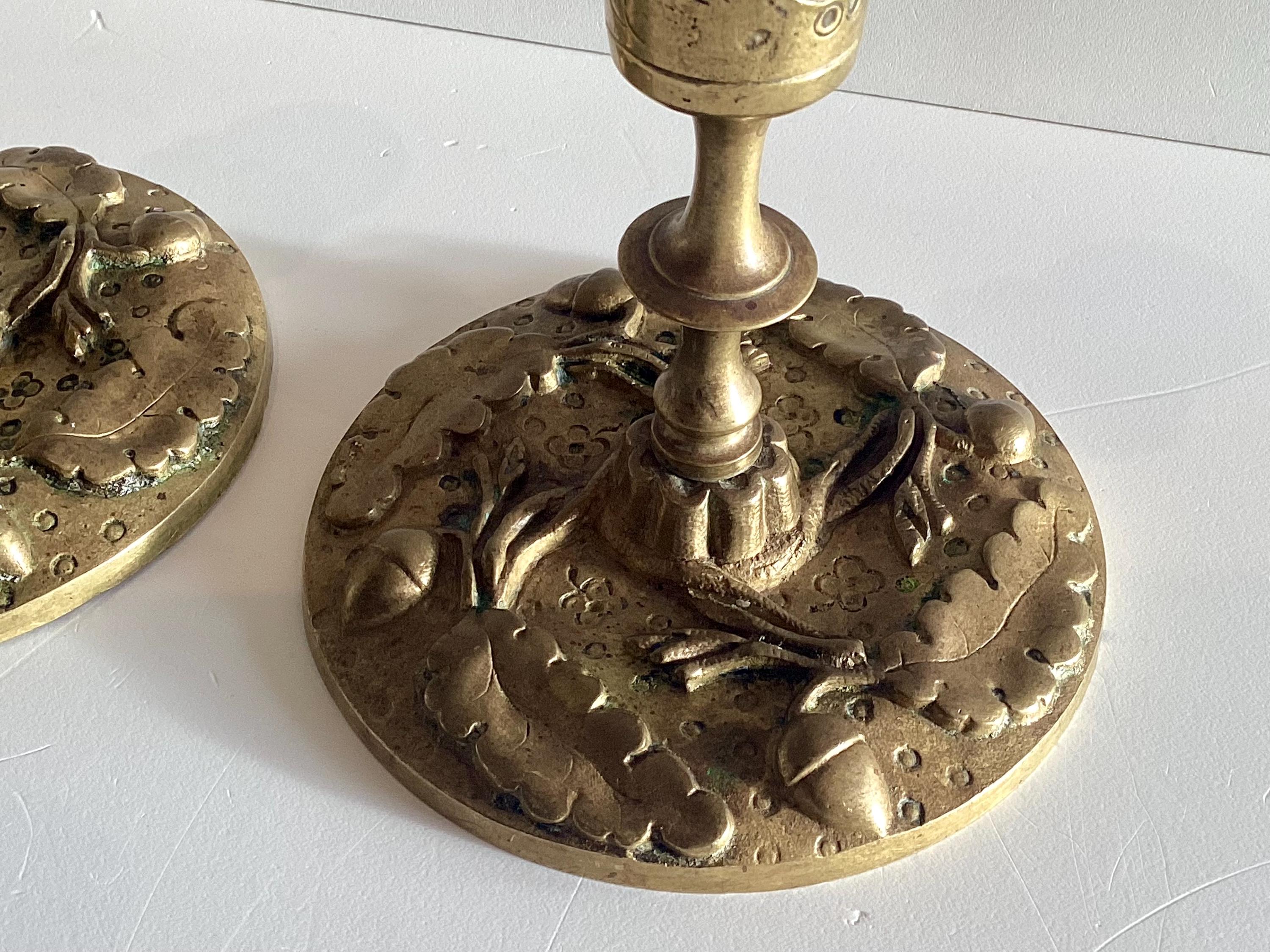 Antique Candlesticks – French Art Deco Bronze Pair with Leaf & Acorn Relief (1920s) — photo 9 of 10