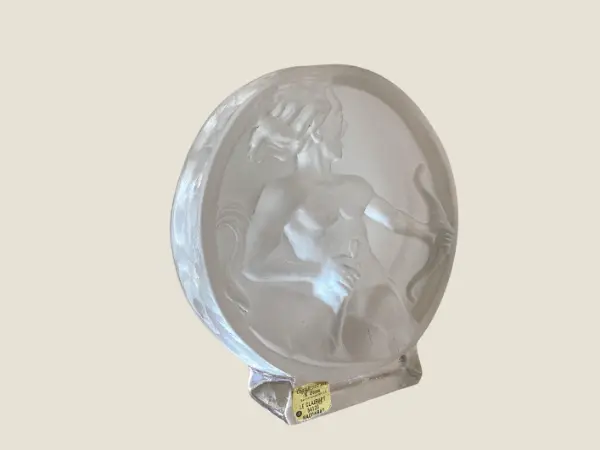 Vintage Crystal Medallion | Diana the Huntress, R. Gross Le Clairupt Baccarat, Frosted Relief