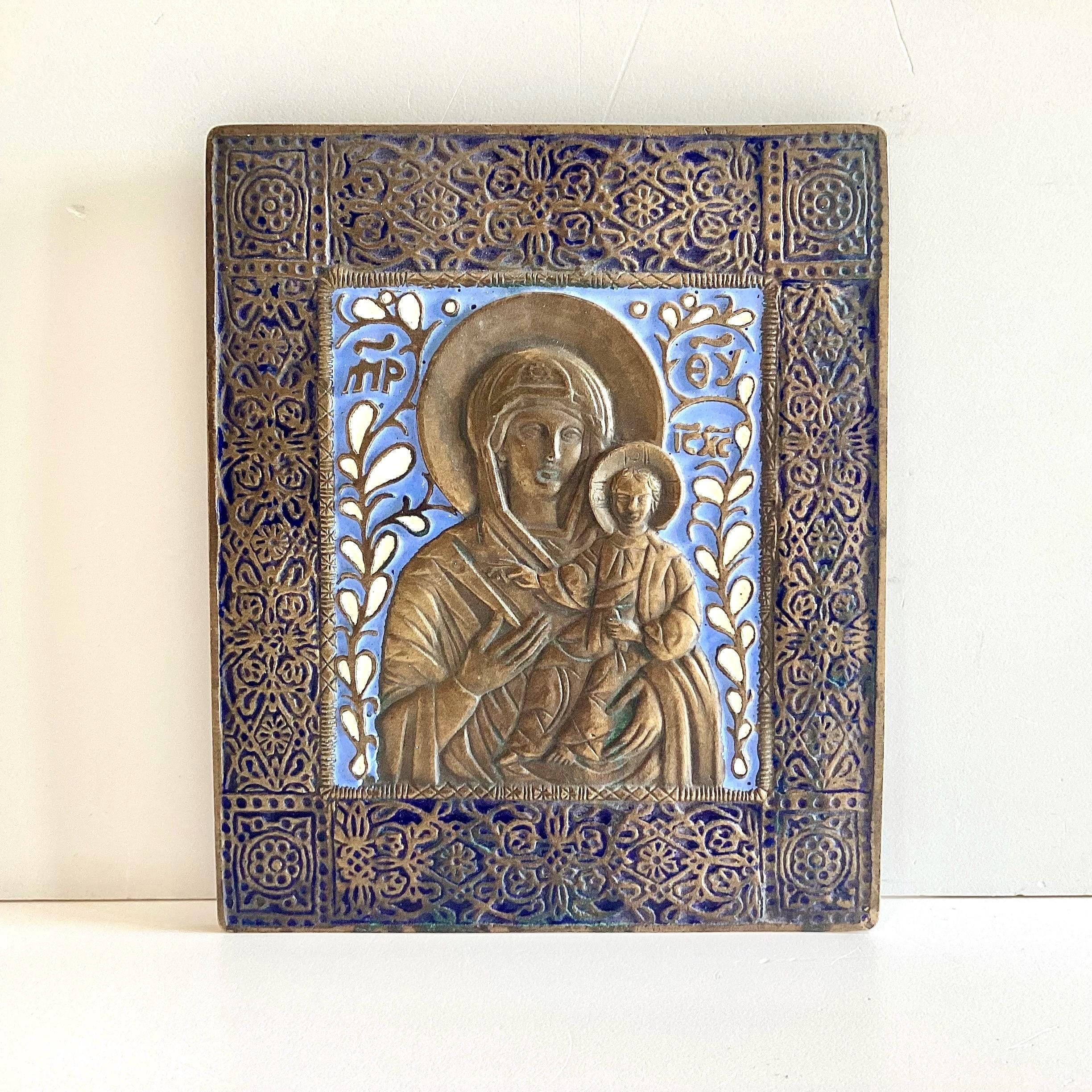 Orthodox Icon Bronze Enamel Plaque Virgin Mary Child Blue Relief Mid Century — photo 2 of 11