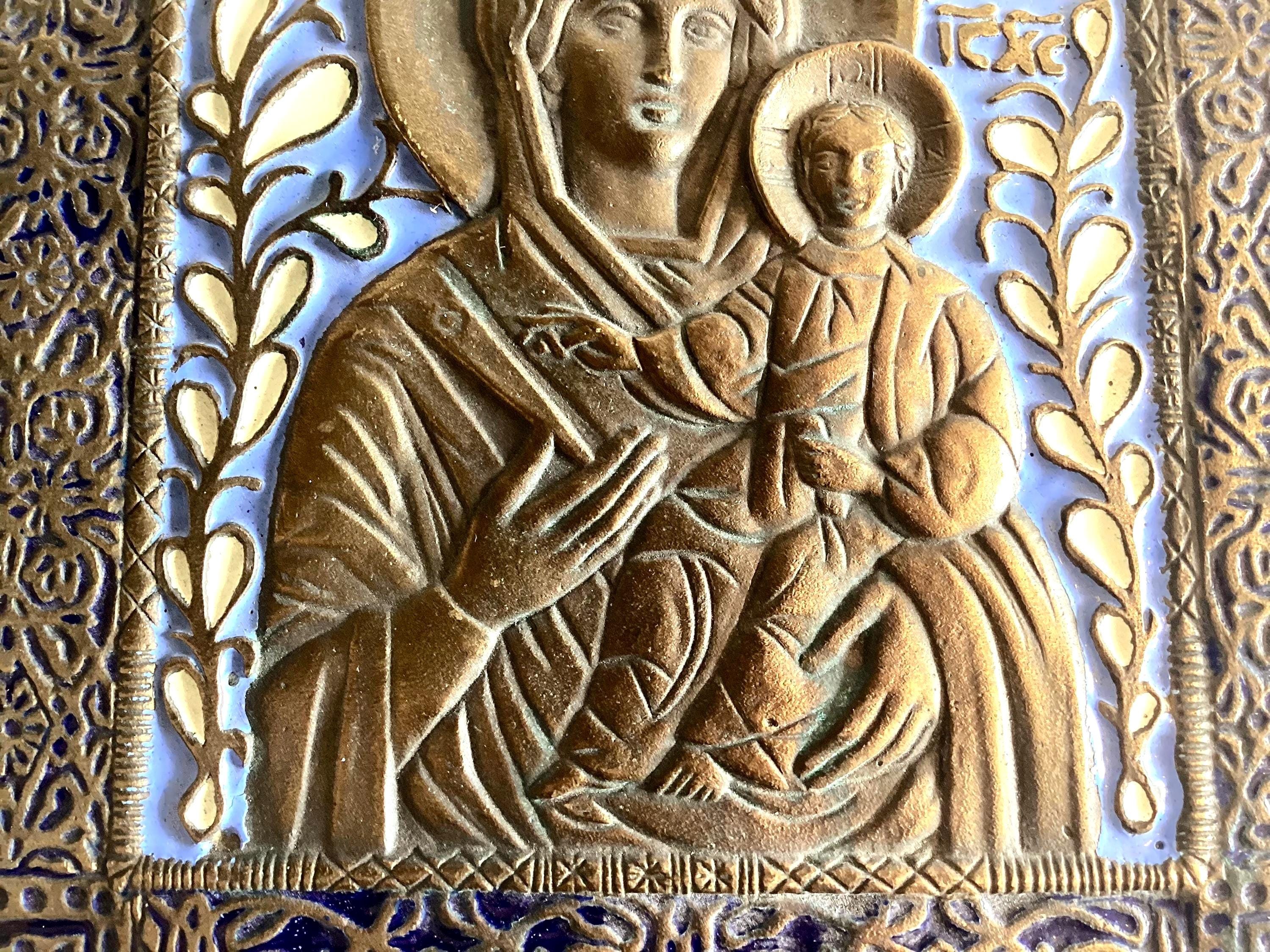 Orthodox Icon Bronze Enamel Plaque Virgin Mary Child Blue Relief Mid Century — photo 11 of 11