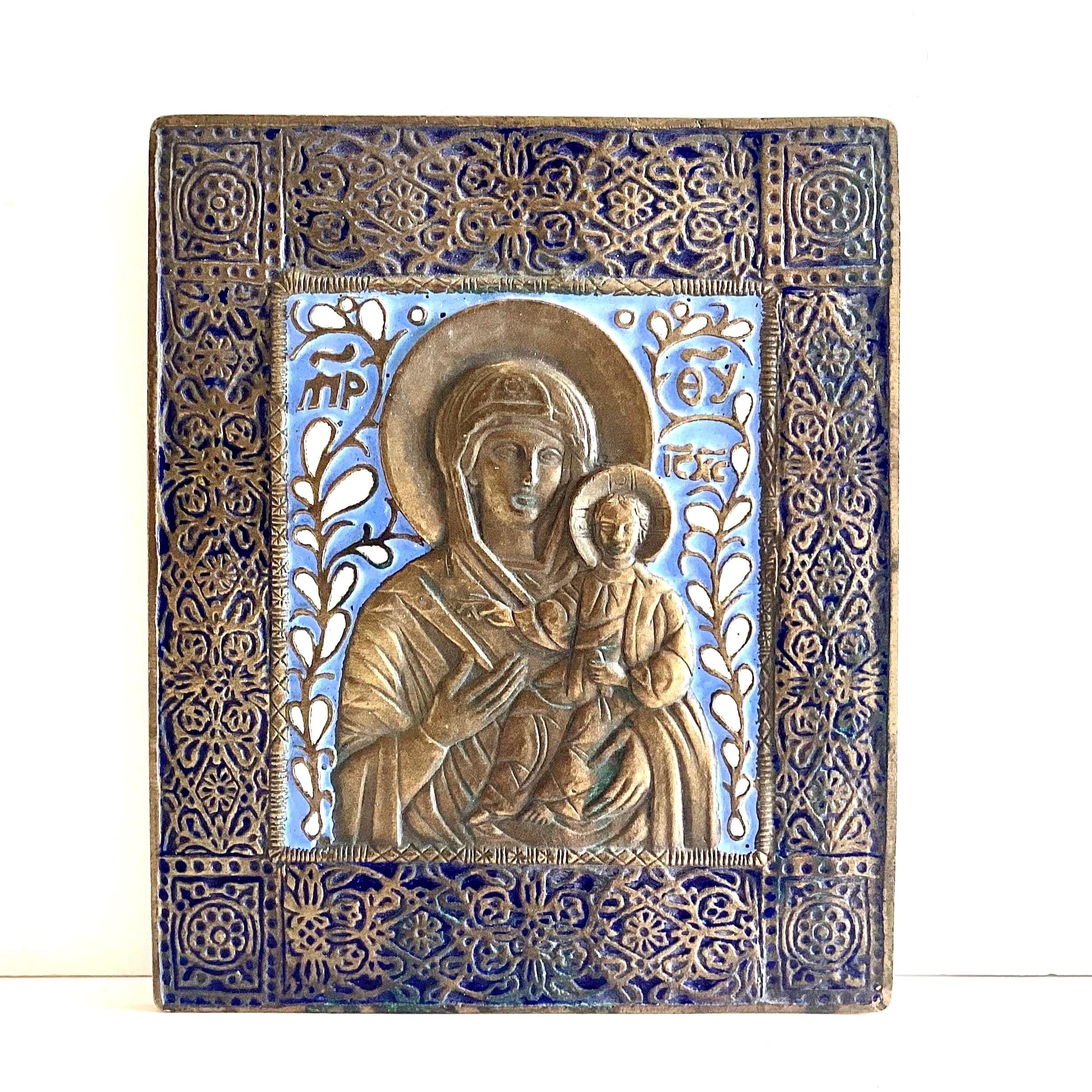 Orthodox Icon Bronze Enamel Plaque Virgin Mary Child Blue Relief Mid Century — photo 3 of 11