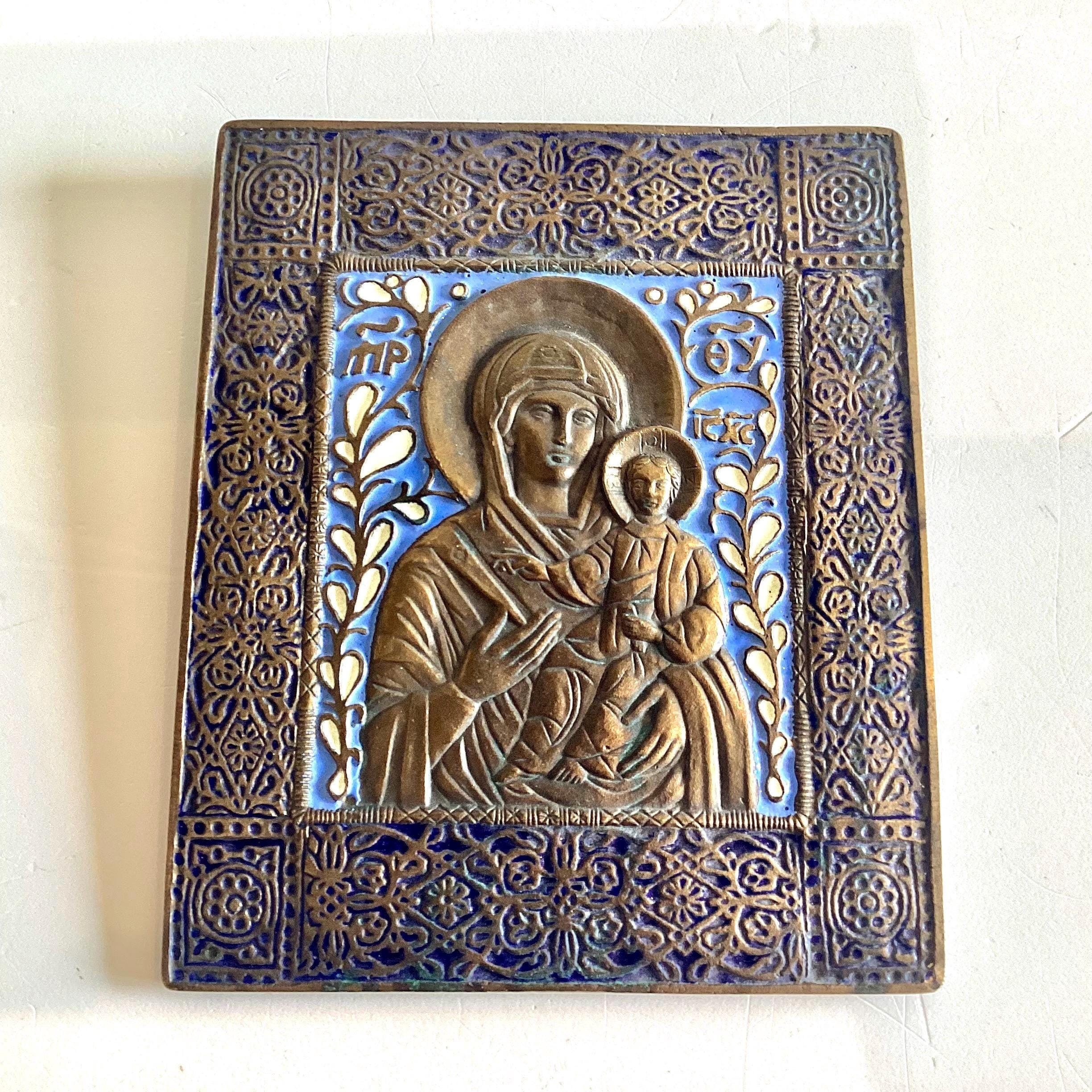 Orthodox Icon Bronze Enamel Plaque Virgin Mary Child Blue Relief Mid Century — photo 4 of 11
