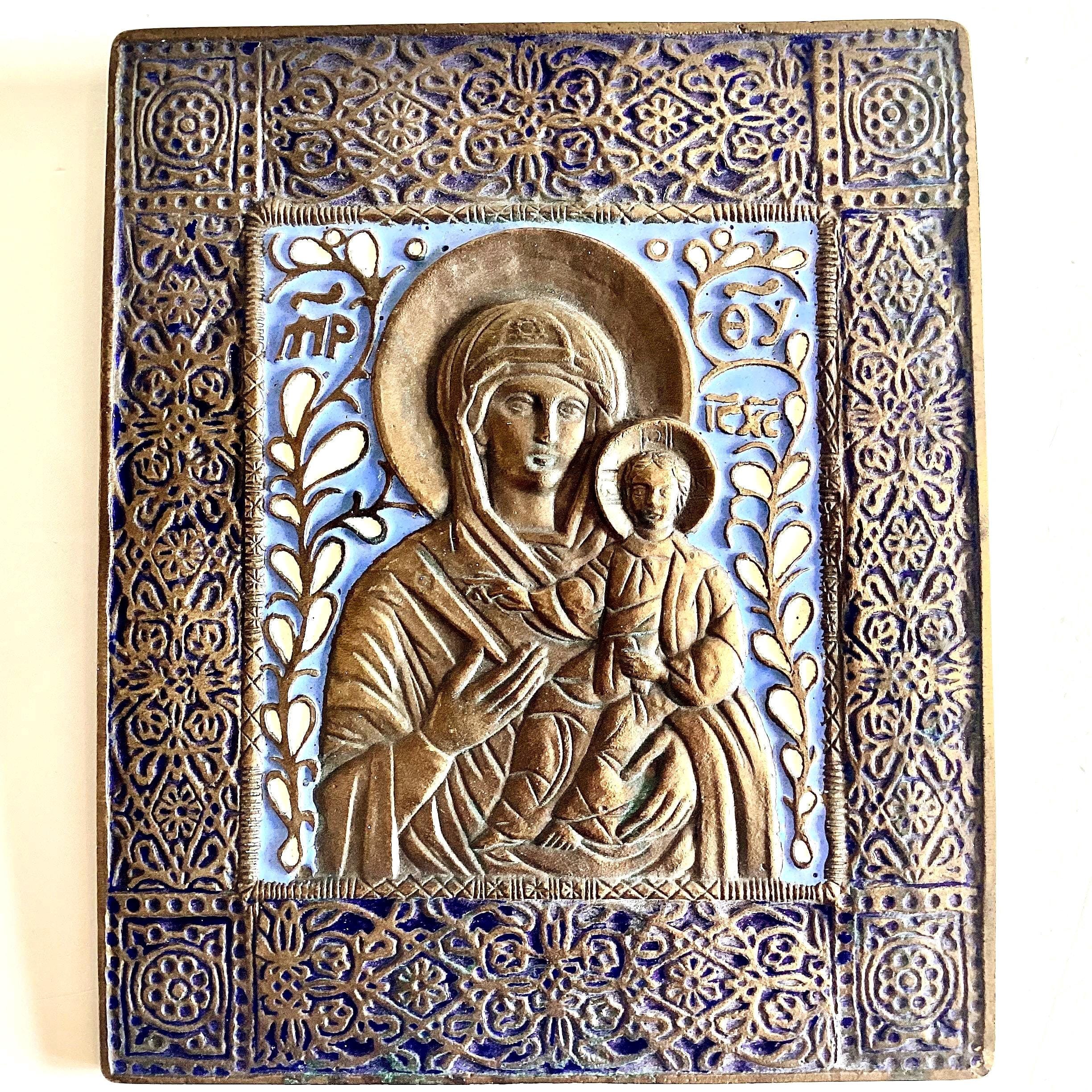 Orthodox Icon Bronze Enamel Plaque Virgin Mary Child Blue Relief Mid Century — photo 6 of 11