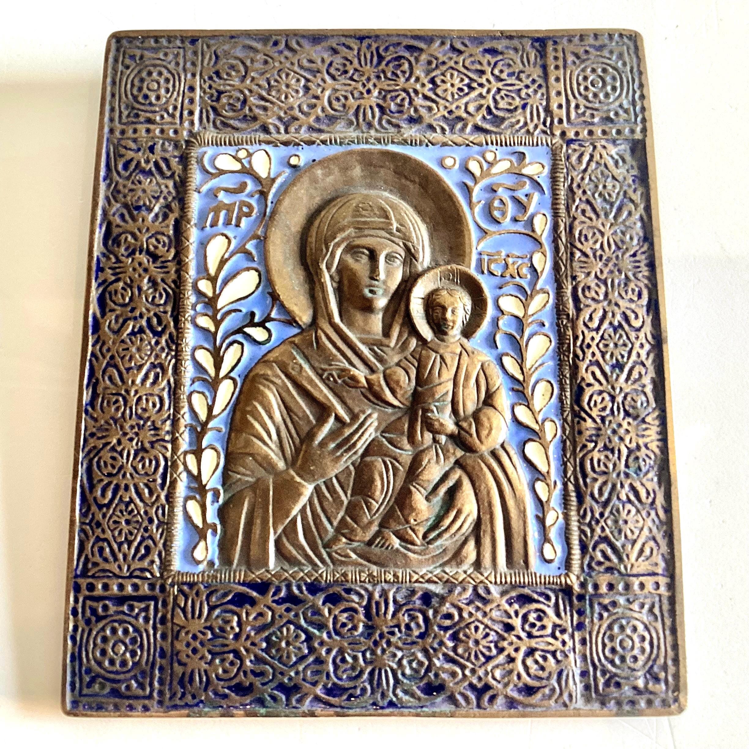 Orthodox Icon Bronze Enamel Plaque Virgin Mary Child Blue Relief Mid Century — photo 7 of 11