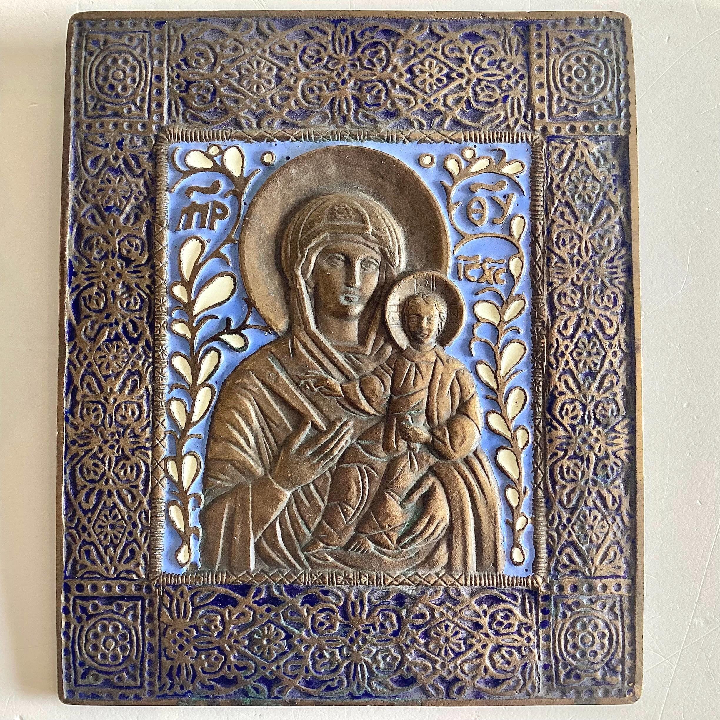 Orthodox Icon Bronze Enamel Plaque Virgin Mary Child Blue Relief Mid Century — photo 8 of 11