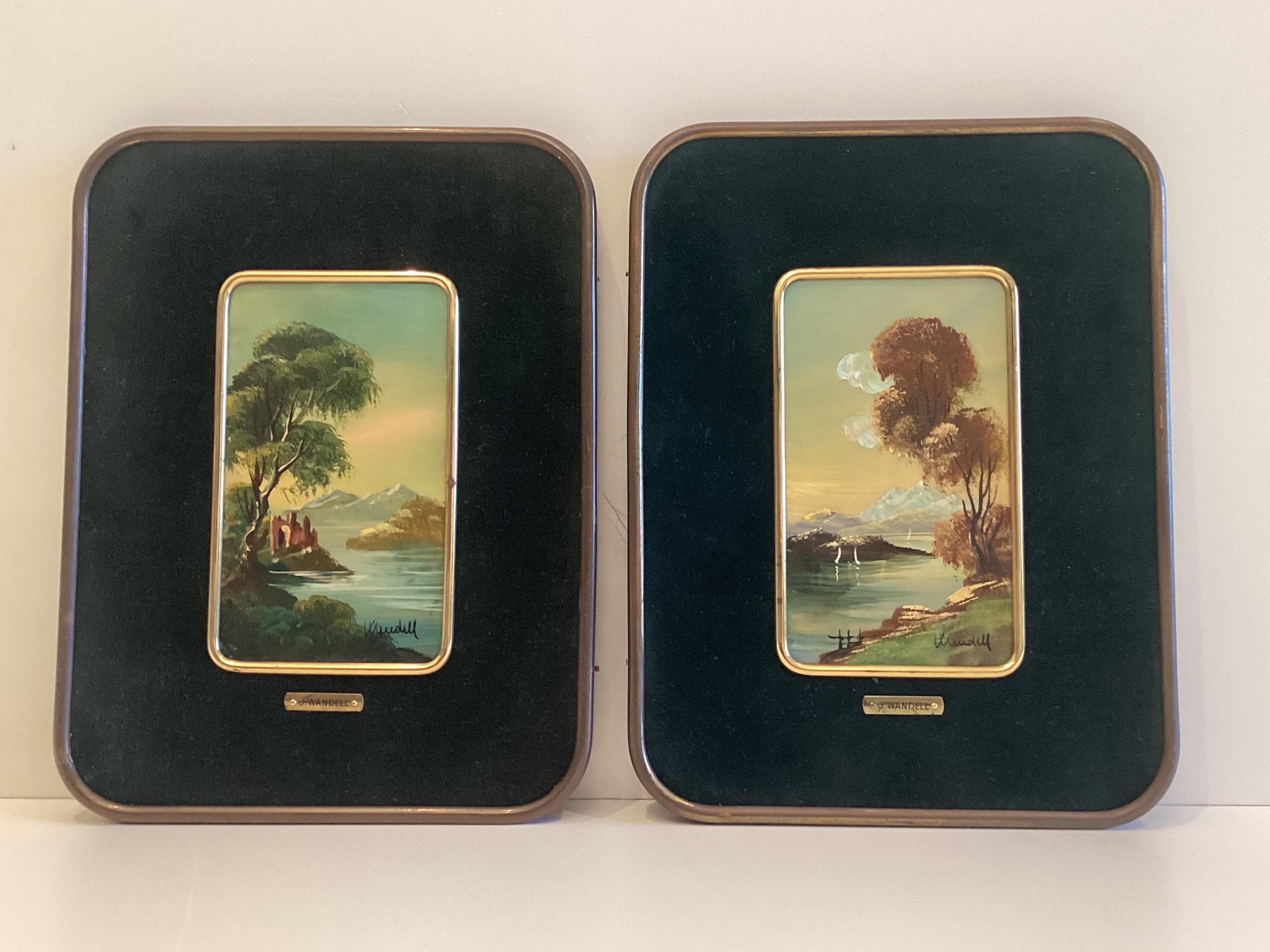 Antique Paintings Pair | J. Wandell 19th Century Oil on Celluloid, Brass Frame Landscapes — photo 2 of 10