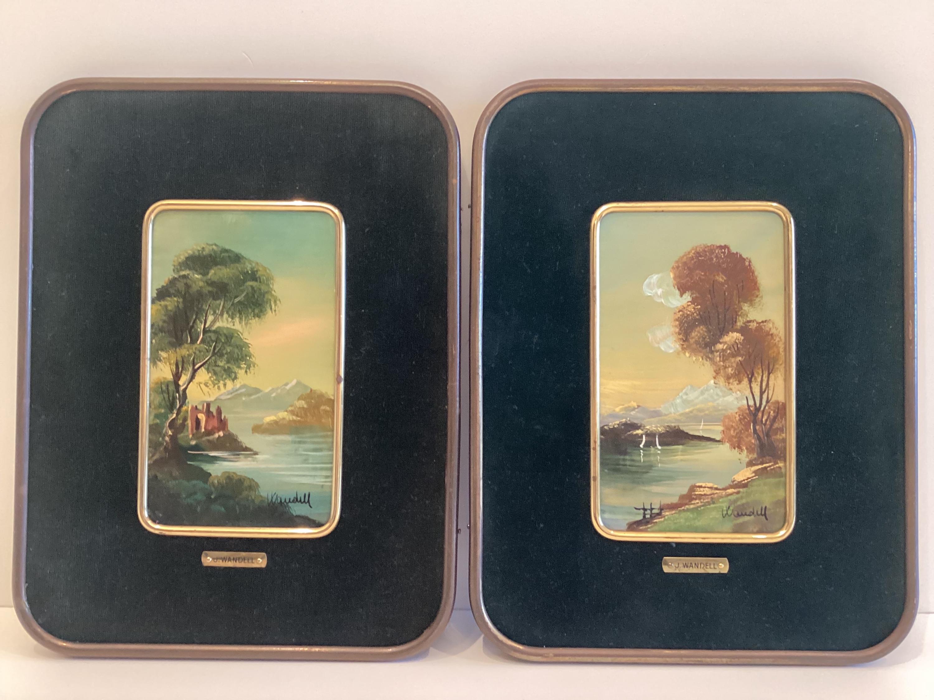 Antique Paintings Pair | J. Wandell 19th Century Oil on Celluloid, Brass Frame Landscapes — photo 3 of 10